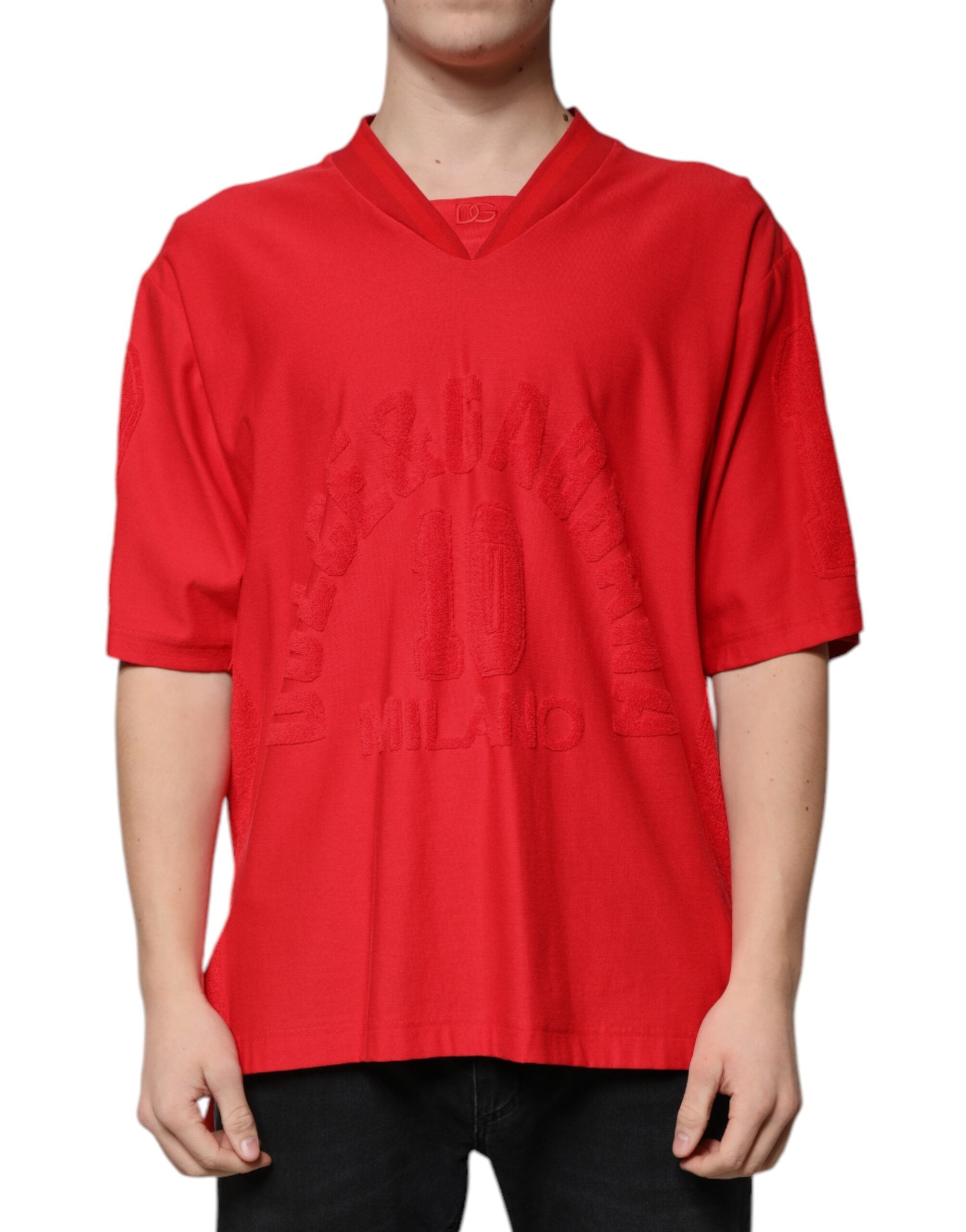 Red Cotton V-neck Short Sleeves T-shirt - ventzia