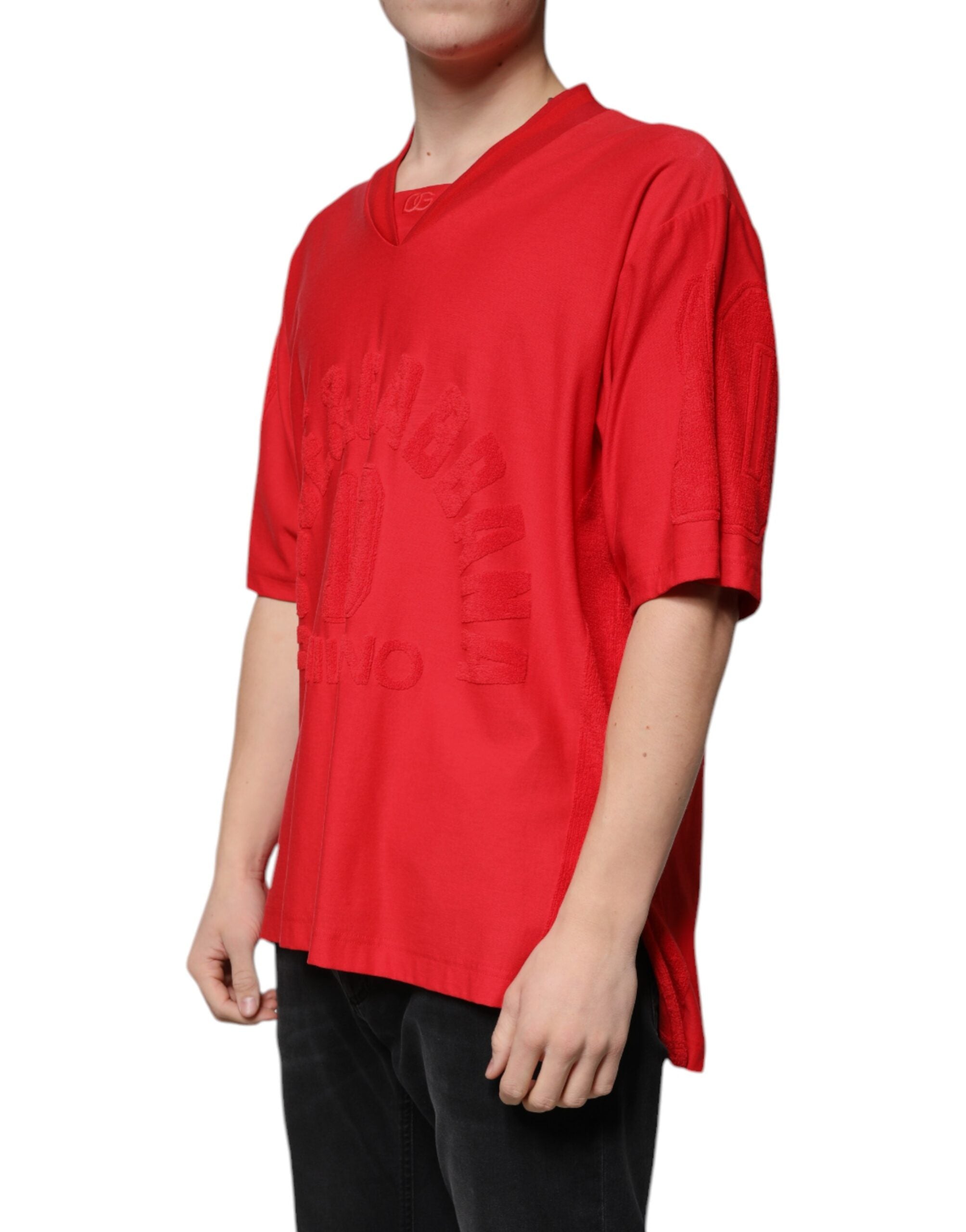 Red Cotton V-neck Short Sleeves T-shirt - ventzia