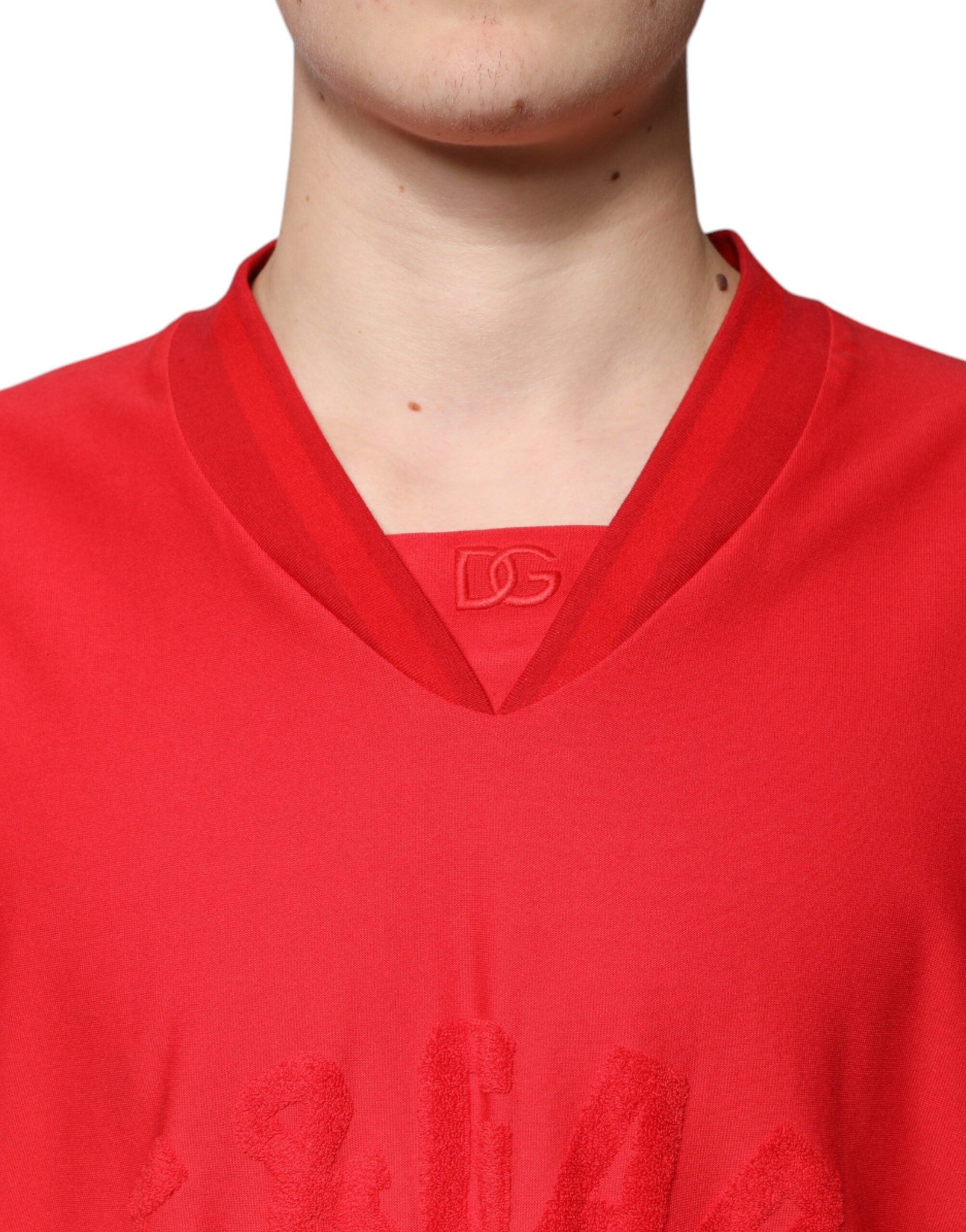Red Cotton V-neck Short Sleeves T-shirt - ventzia