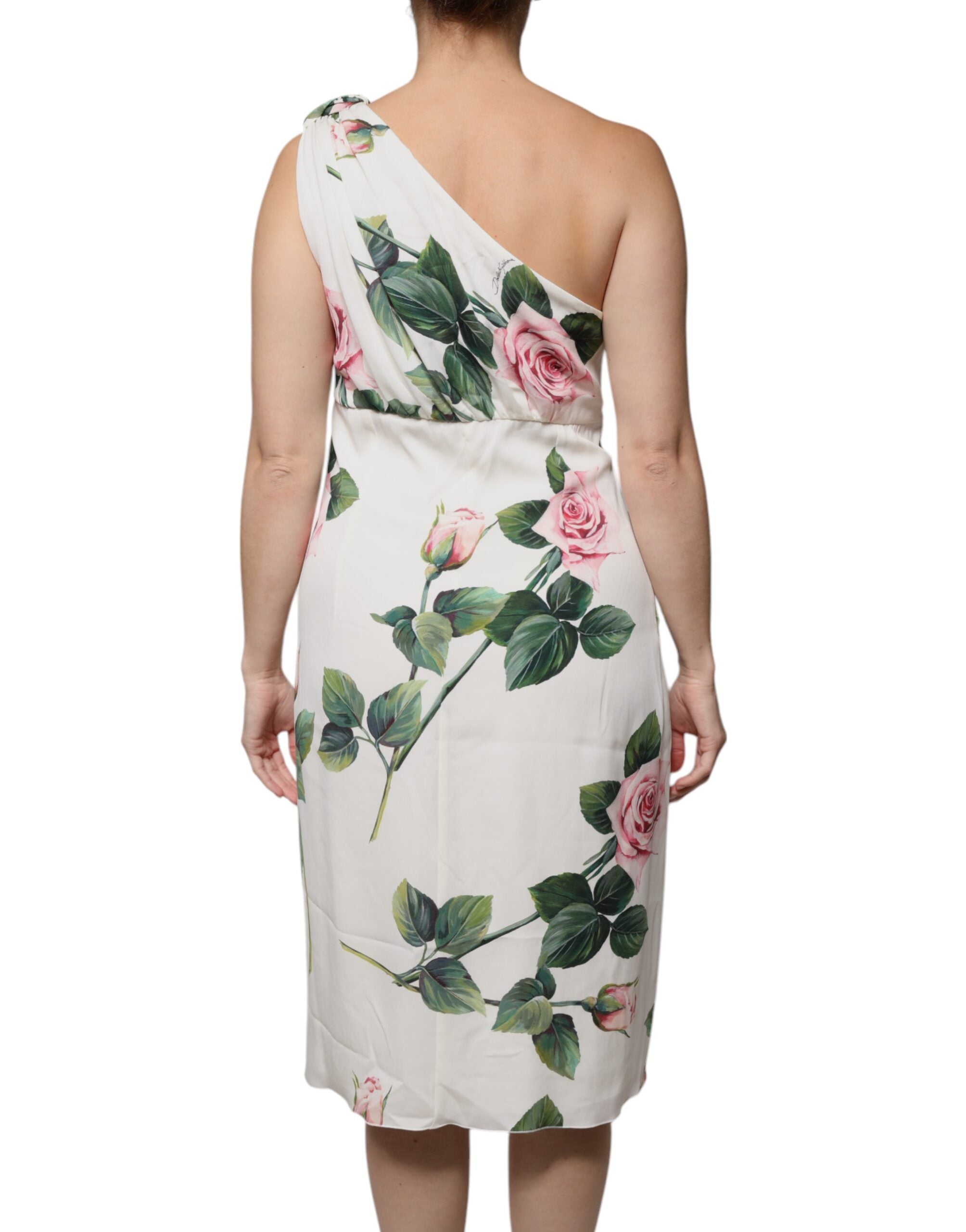 White Floral Silk One Shoulder Midi Dress - ventzia