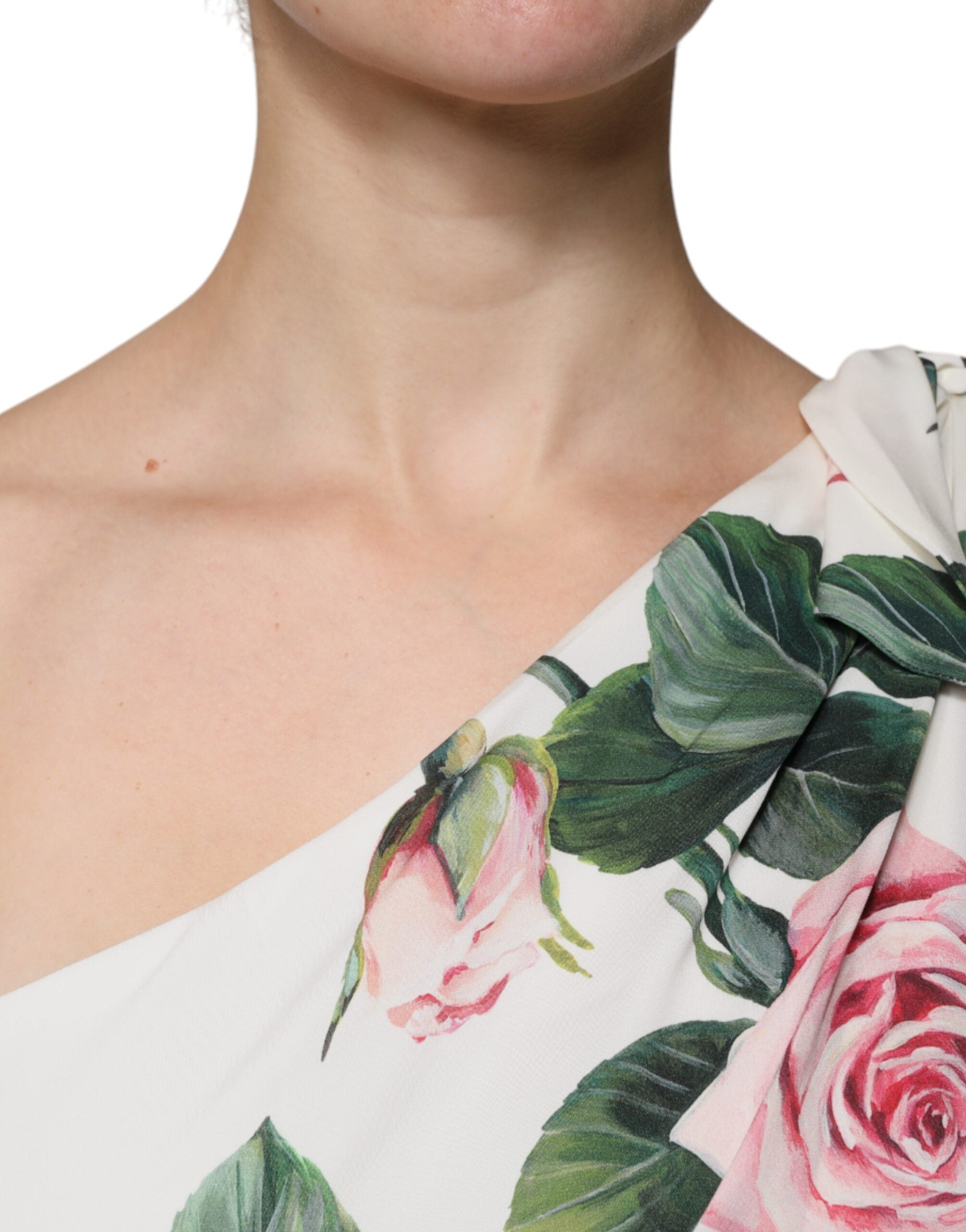 White Floral Silk One Shoulder Midi Dress - ventzia