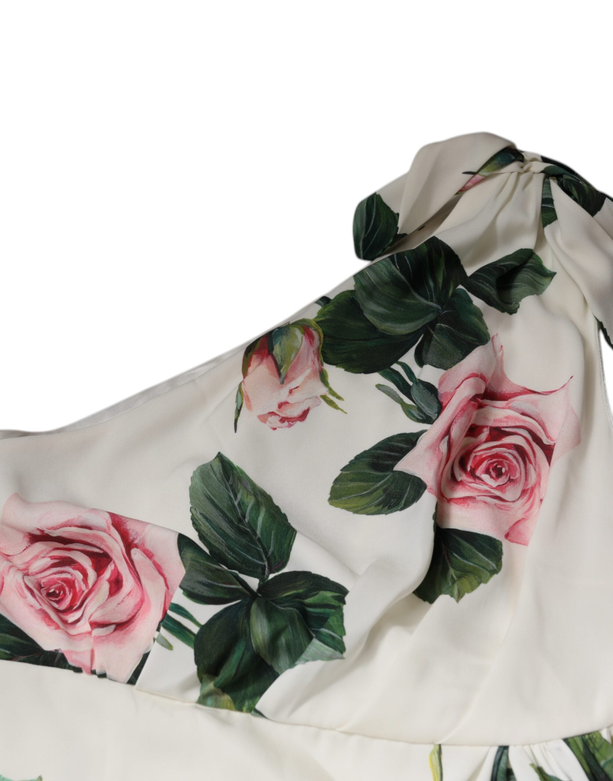 White Floral Silk One Shoulder Midi Dress - ventzia