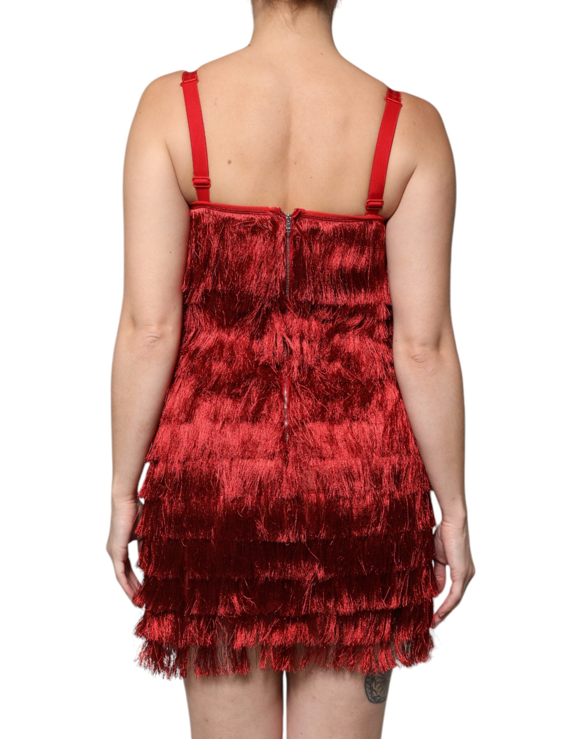 Red Lace Tassel Sleeveless Sheath Mini Dress - ventzia