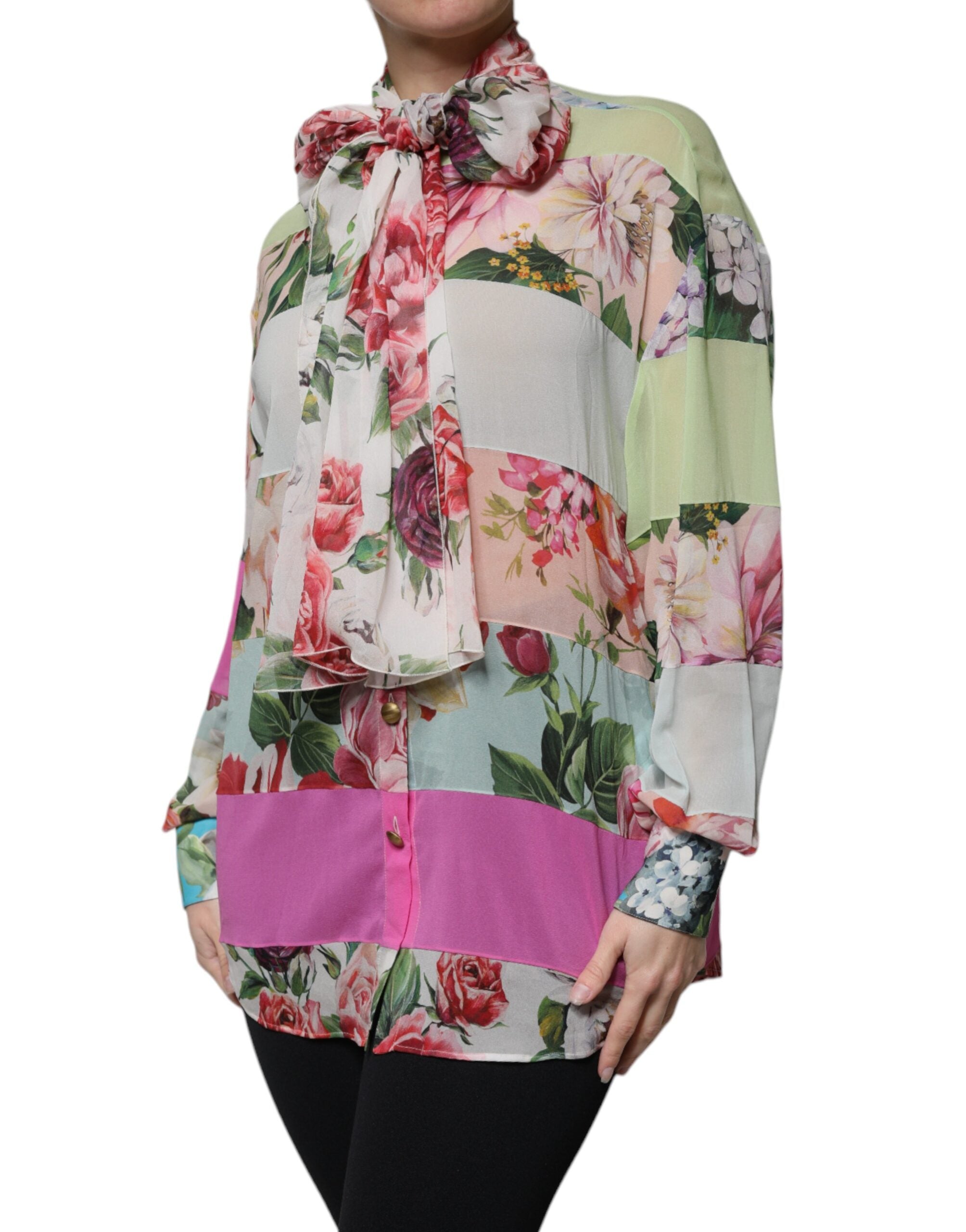 Multicolor Floral Patchwork Ascot Collar Top - ventzia