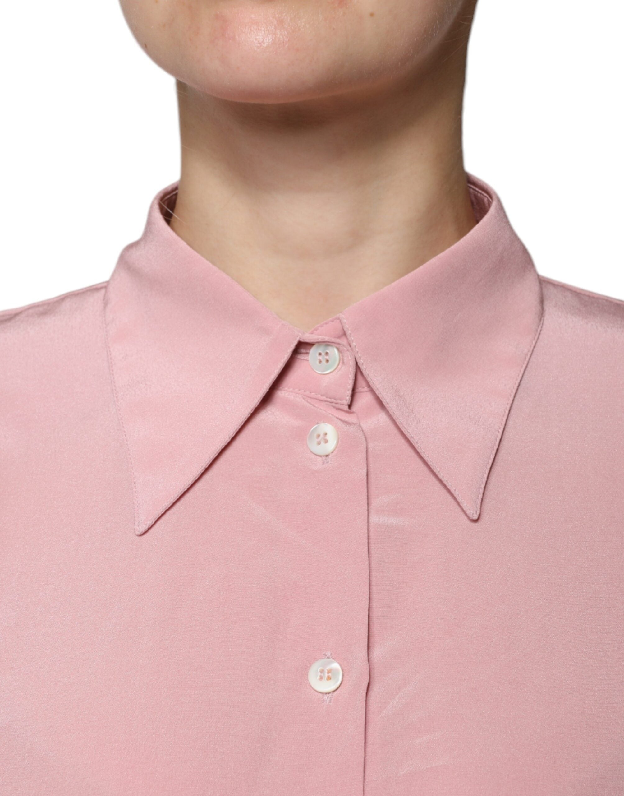 Pink Cotton Long Sleeves Collared Blouse Top - ventzia