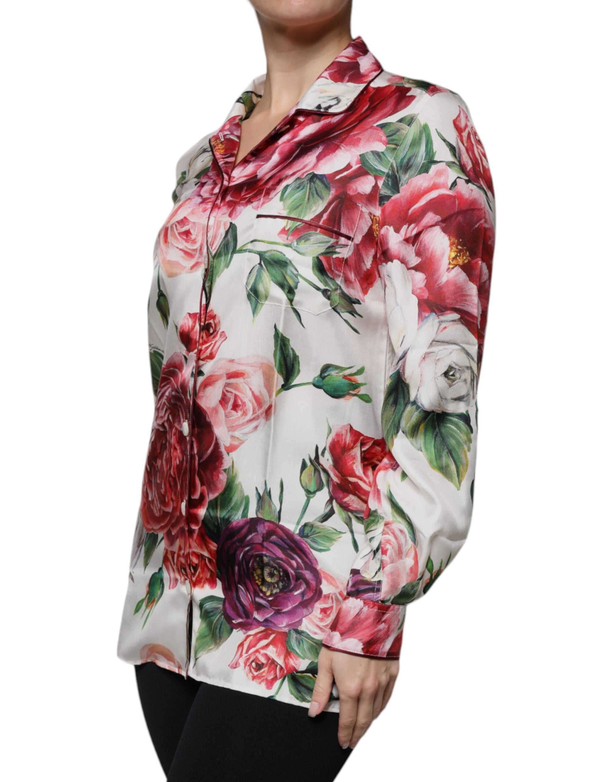 White Peony Silk Long Sleeves Collared Blouse Top - ventzia