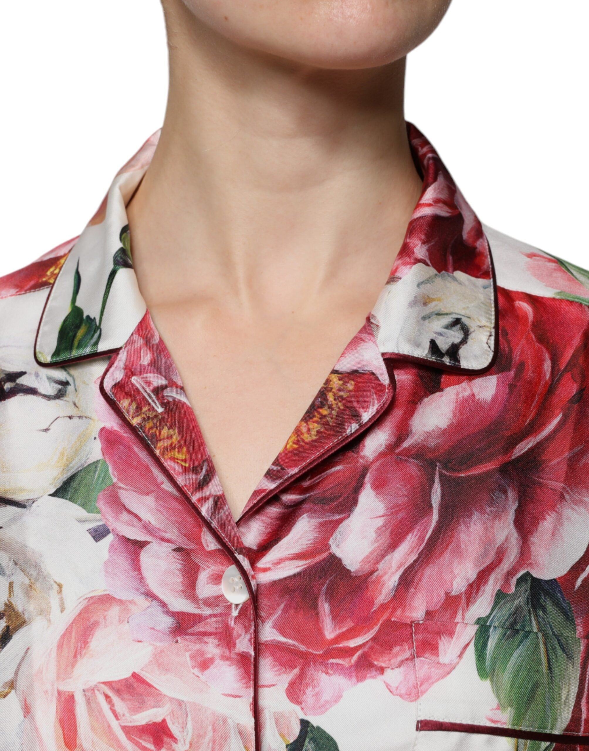 White Peony Silk Long Sleeves Collared Blouse Top - ventzia