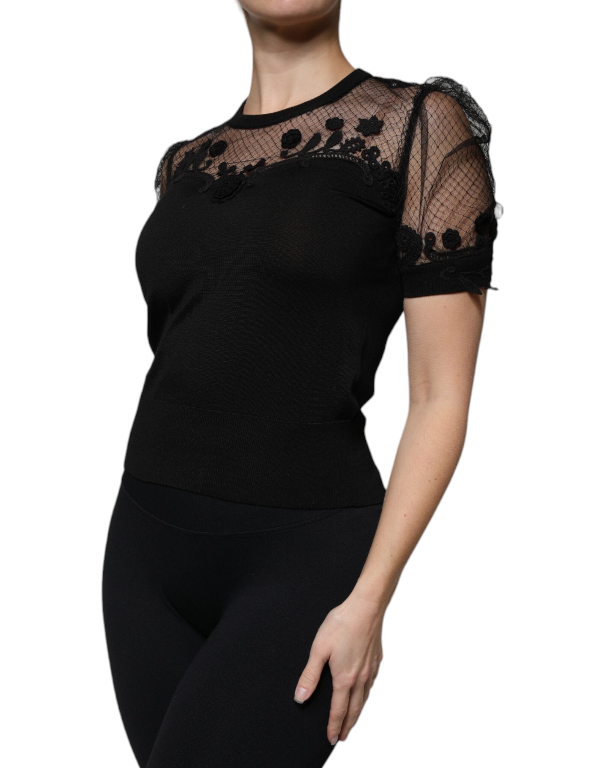 Black Floral Lace Short Sleeves Blouse Top - ventzia