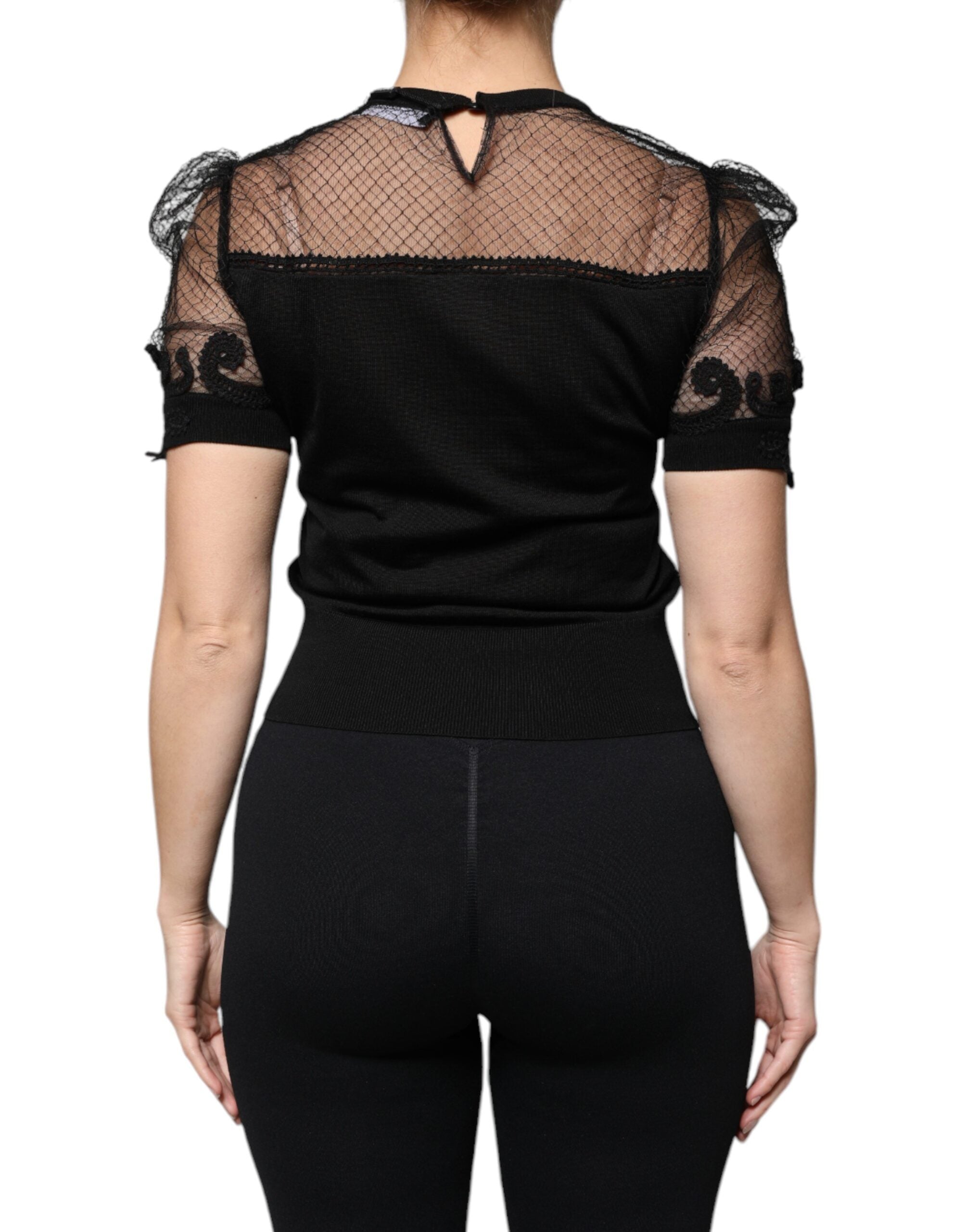 Black Floral Lace Short Sleeves Blouse Top - ventzia