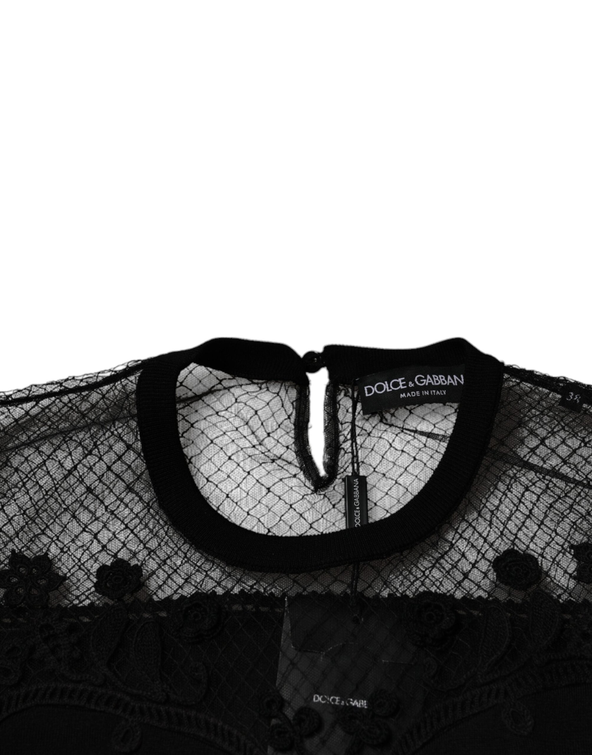 Black Floral Lace Short Sleeves Blouse Top - ventzia