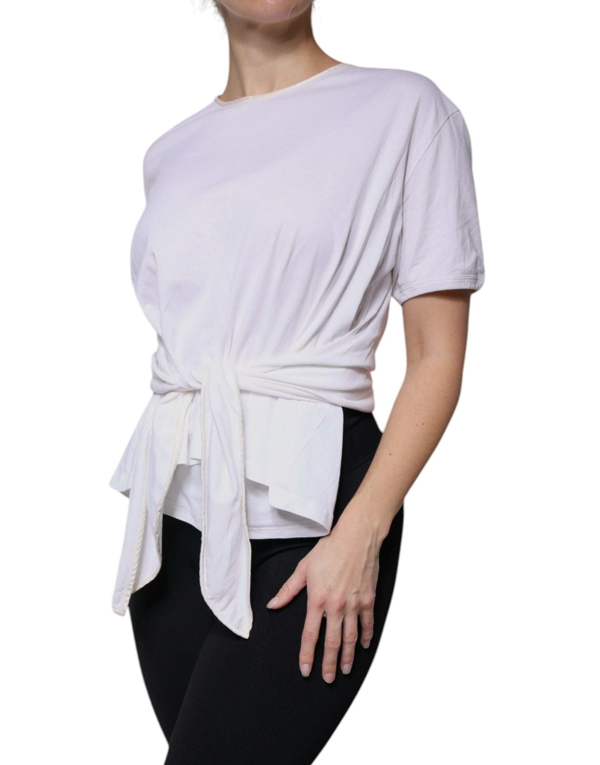 White Cotton Silk Round Neck Wrap Blouse Top - ventzia