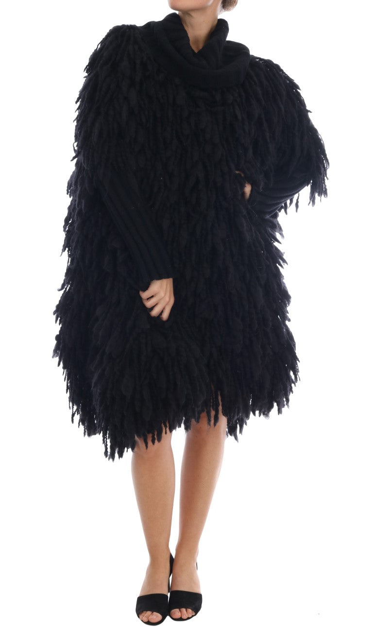 Elegant Black Fringed Wool-Cashmere Sweater - ventzia
