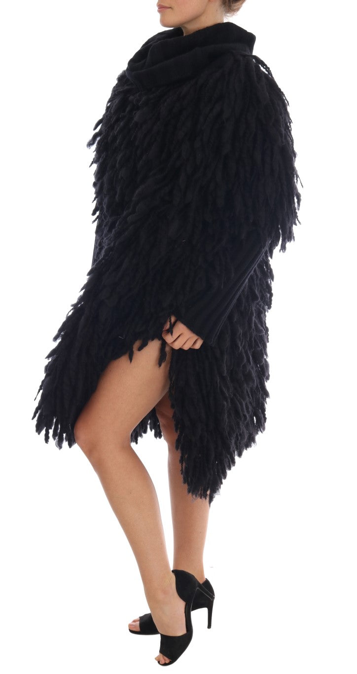 Elegant Black Fringed Wool-Cashmere Sweater - ventzia