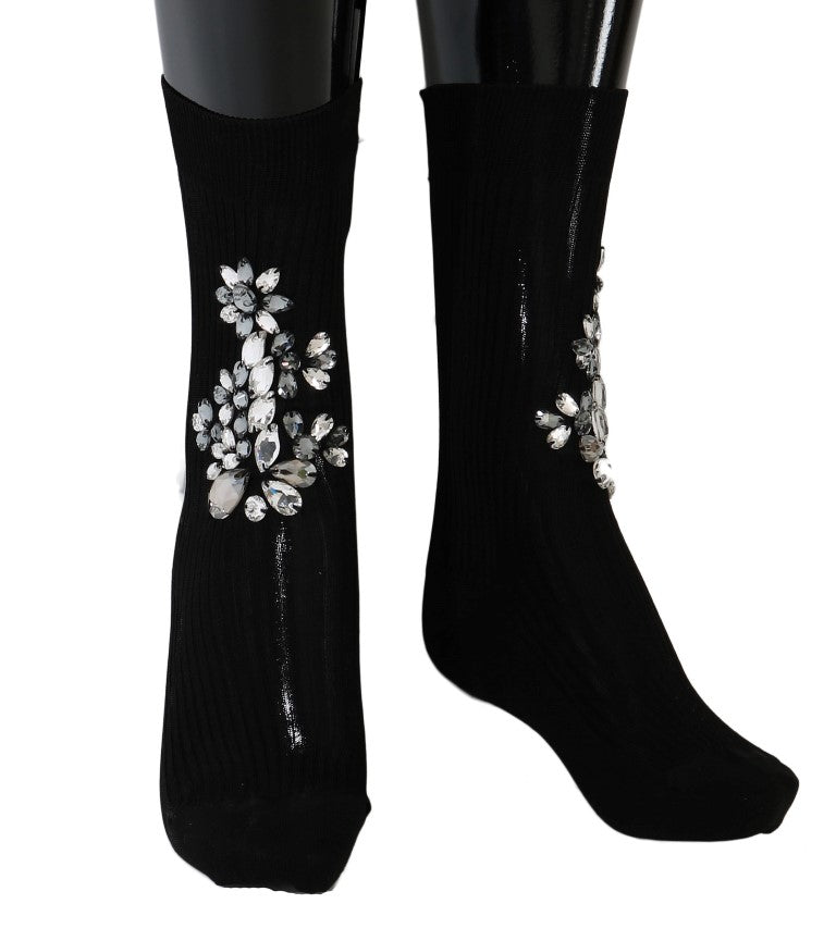 Crystal Embellished Black Knit Stockings - ventzia