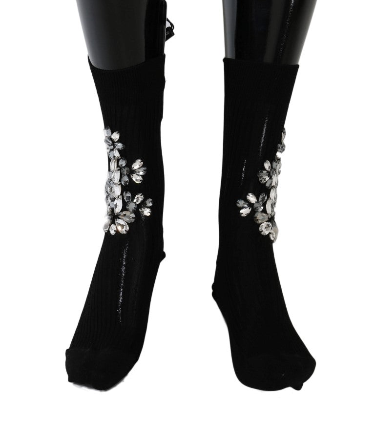 Crystal Embellished Black Knit Stockings - ventzia