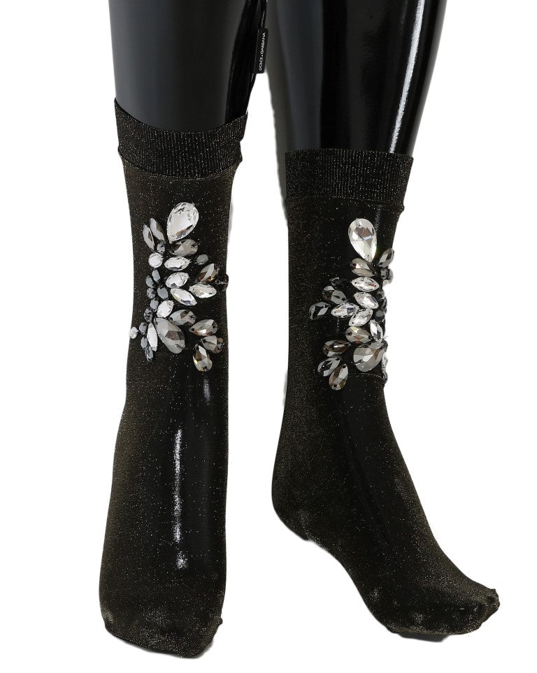 Crystal-Embellished Black Mid-Calf Stockings - ventzia