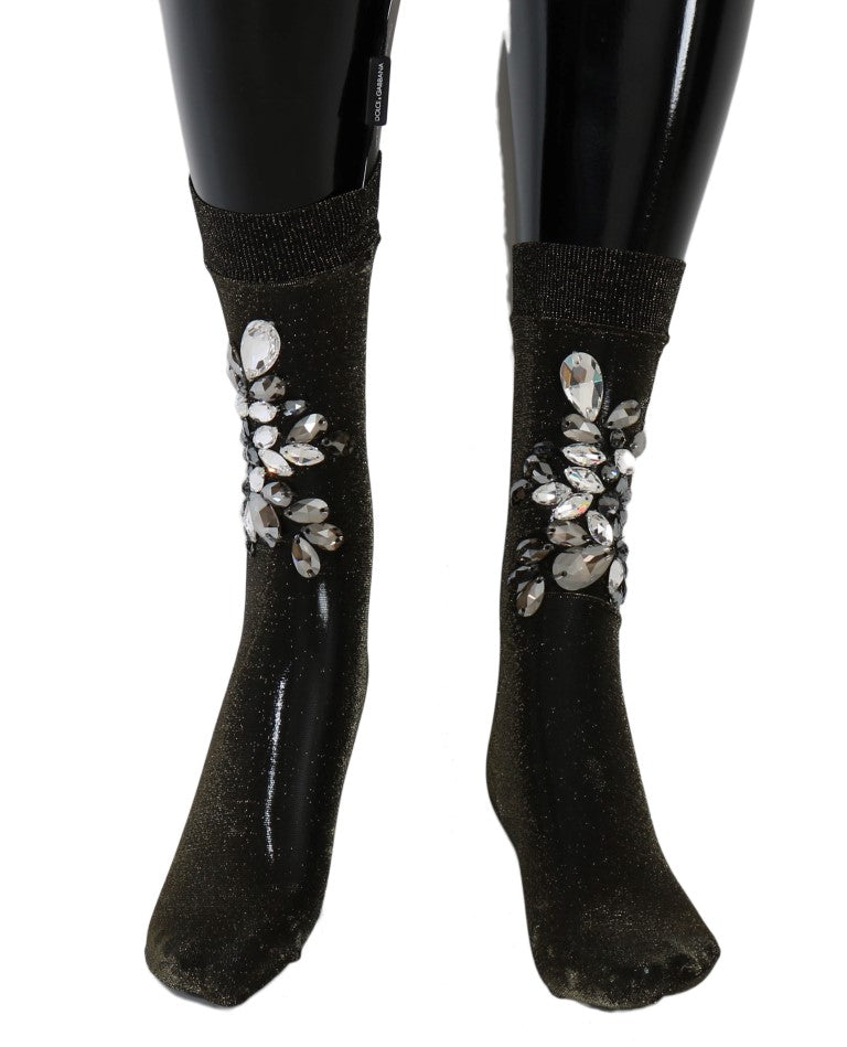 Crystal-Embellished Black Mid-Calf Stockings - ventzia