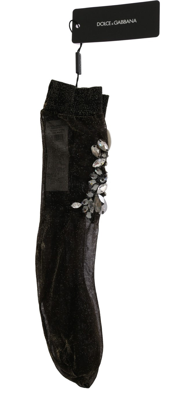 Crystal-Embellished Black Mid-Calf Stockings - ventzia