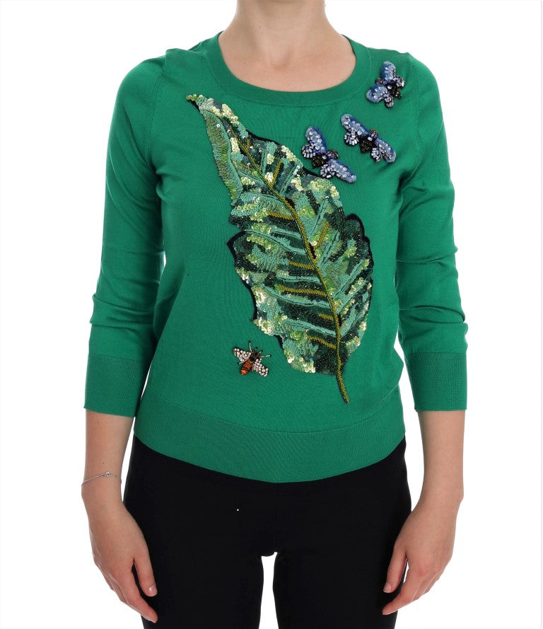 Embellished Green Silk Pullover Sweater - ventzia
