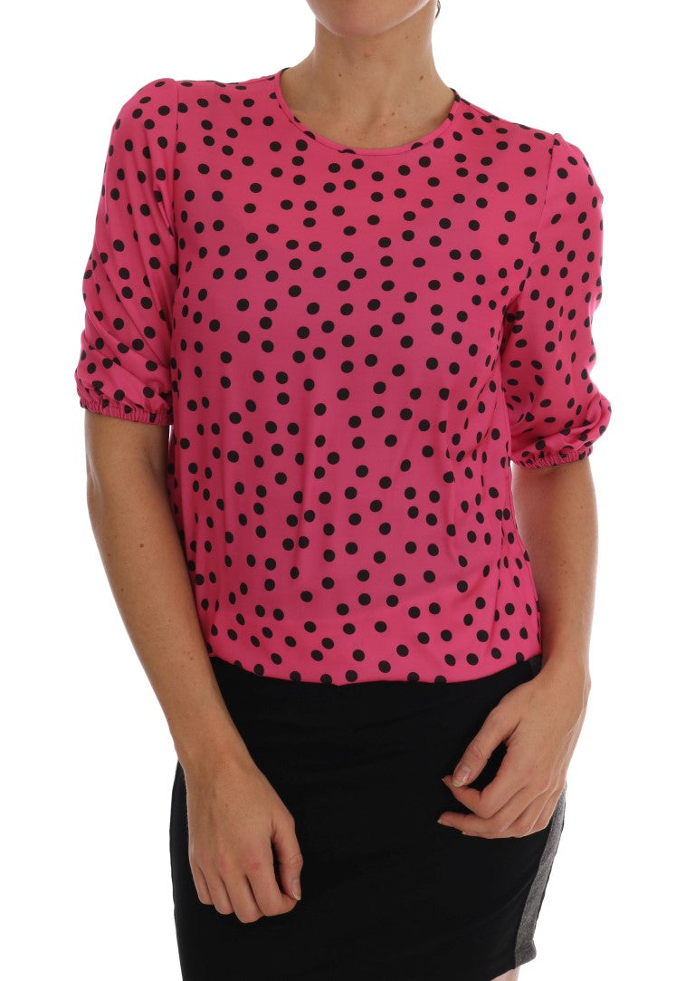 Chic Pink Polka Dotted Silk Blouse - ventzia
