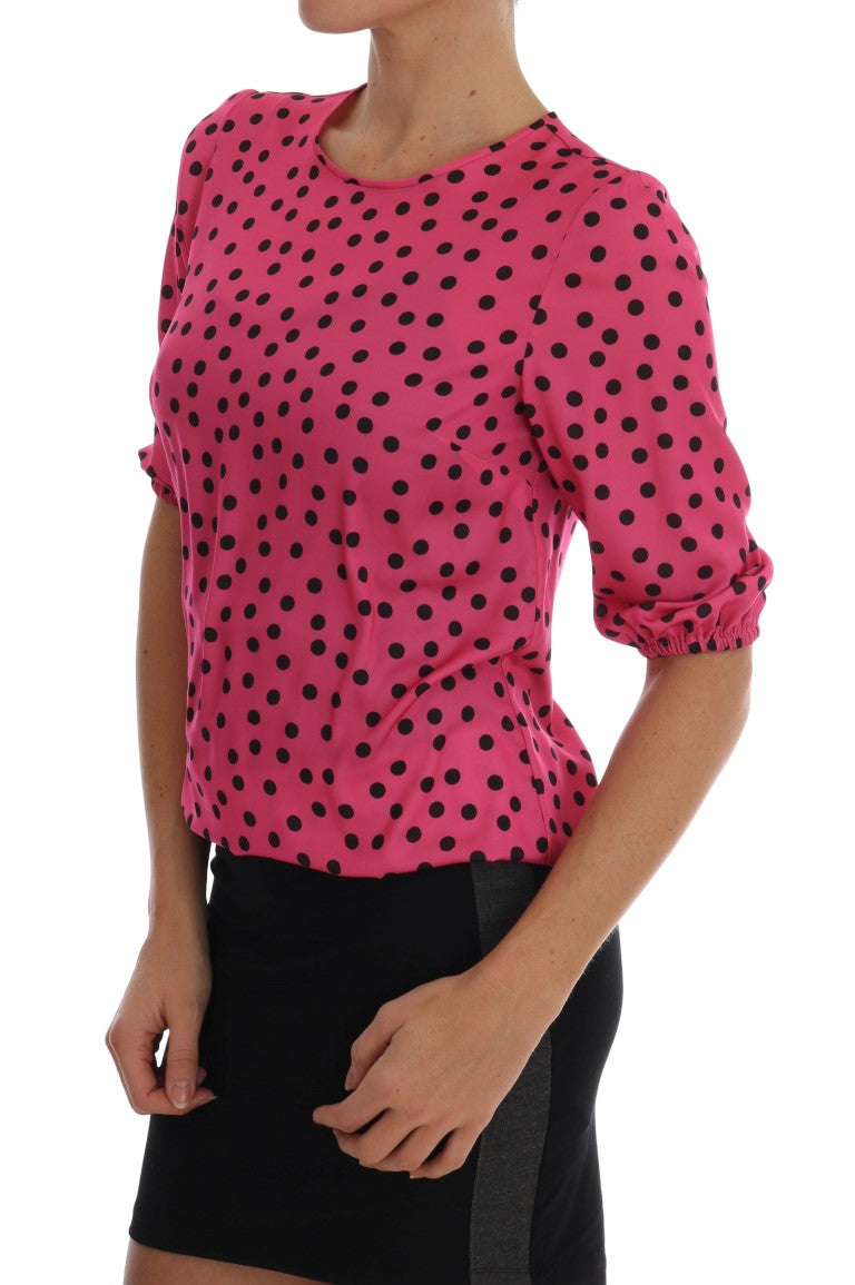 Chic Pink Polka Dotted Silk Blouse - ventzia