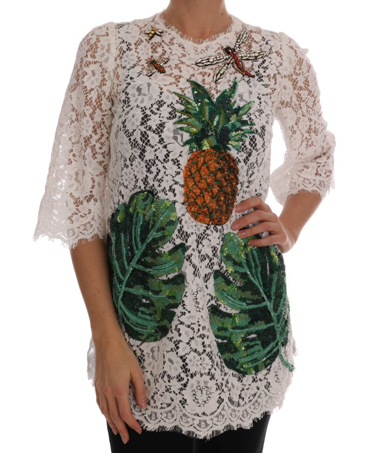 Elegant White Lace Embellished Mini Blouse - ventzia
