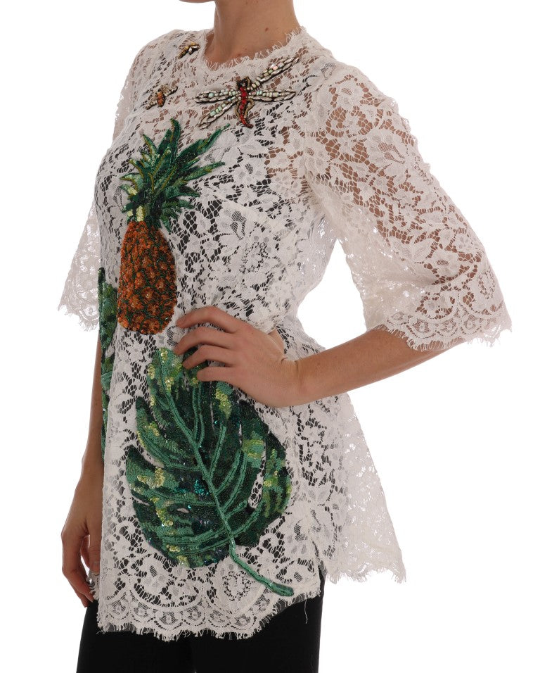 Elegant White Lace Embellished Mini Blouse - ventzia