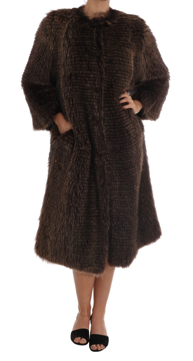 Elegant Brown Raccoon Fur Knee-Length Coat - ventzia