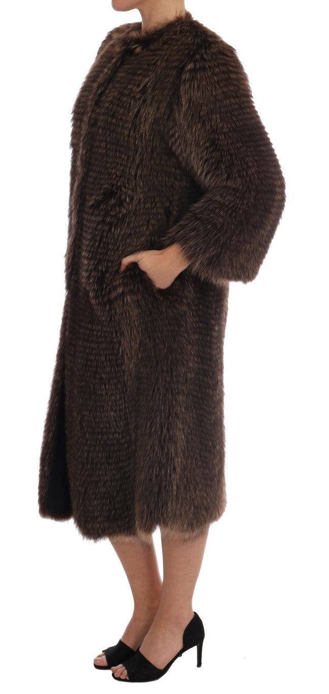 Elegant Brown Raccoon Fur Knee-Length Coat - ventzia