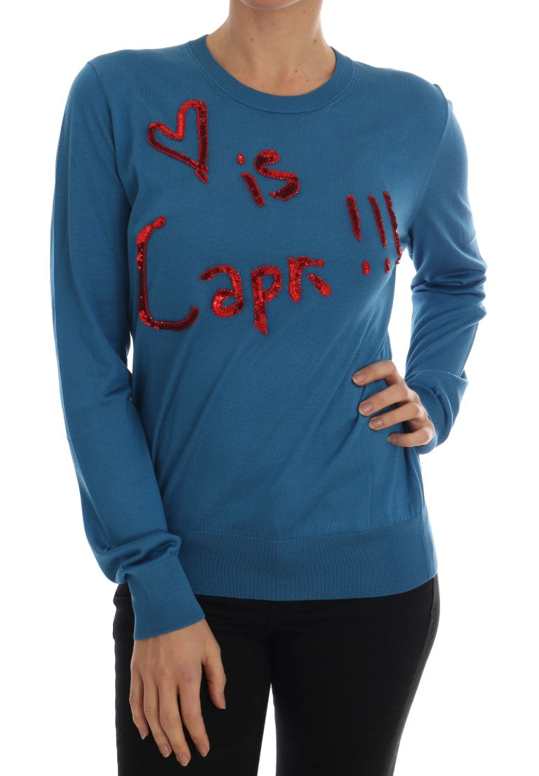 Blue Silk Sequined Capri Pullover Sweater - ventzia