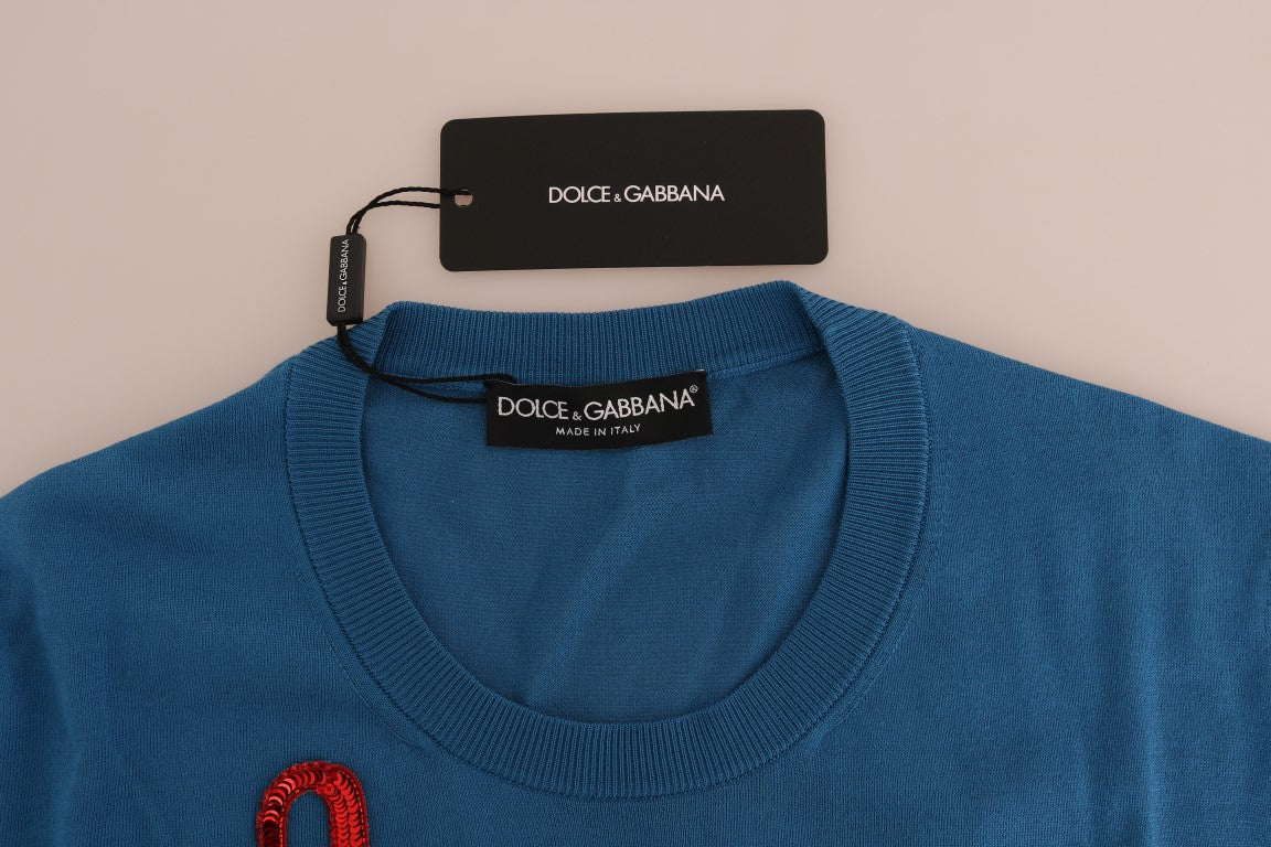 Blue Silk Sequined Capri Pullover Sweater - ventzia