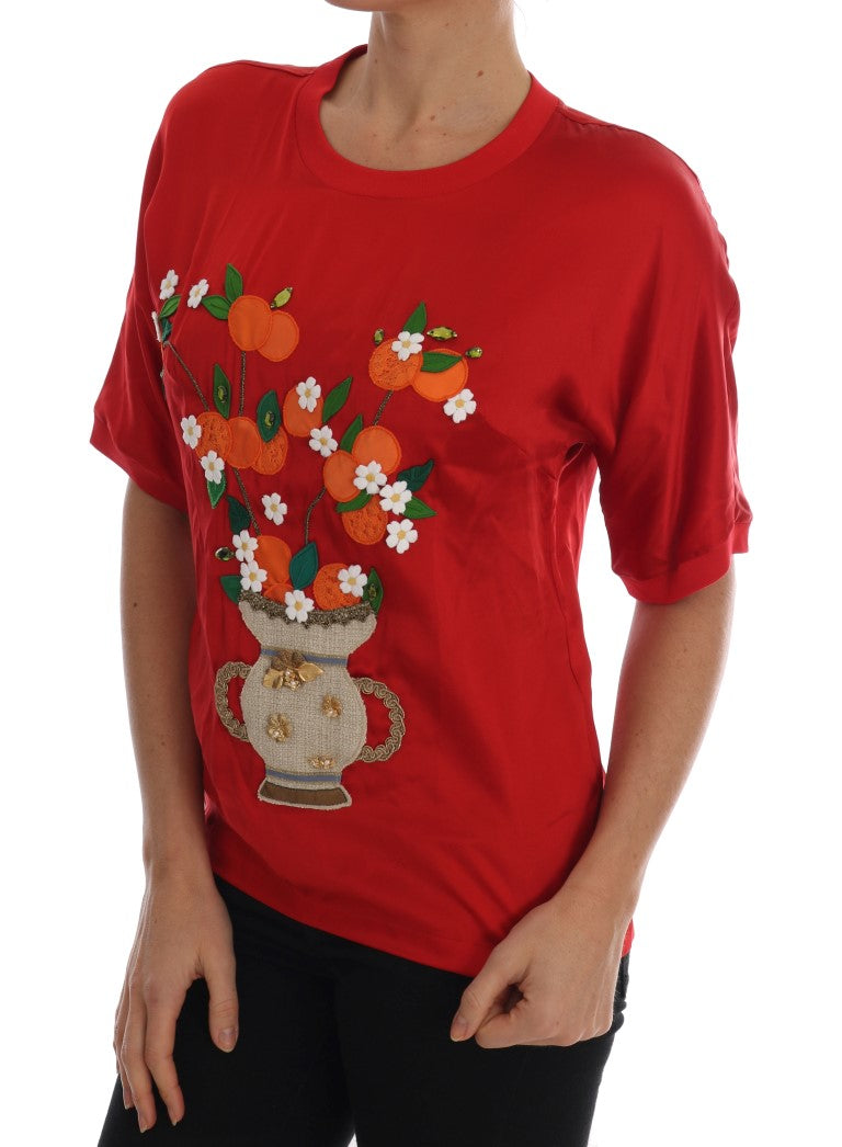 Red Silk Floral Embroidered Elegance Top - ventzia