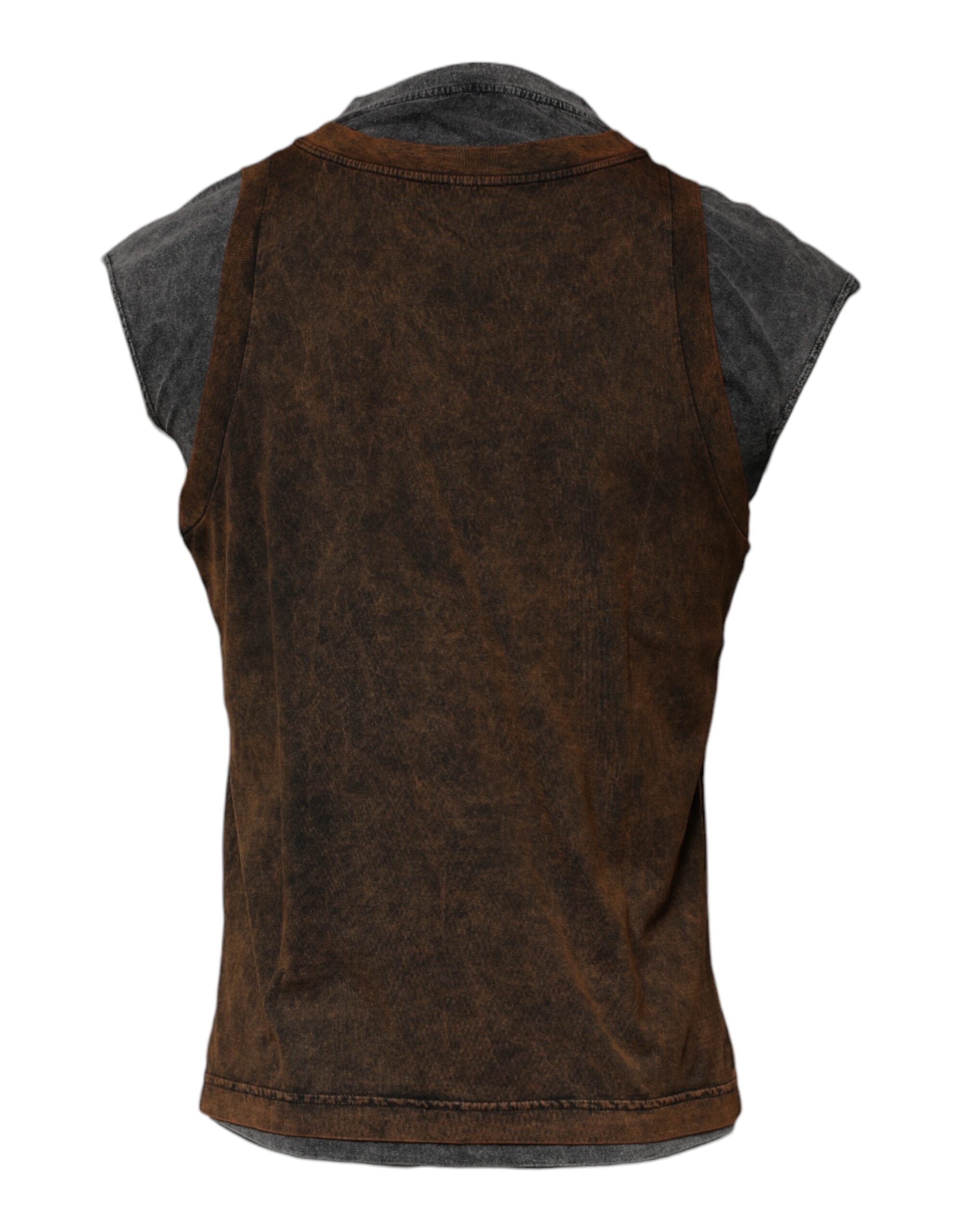 Brown Cotton Round Neck Sleeveless T-shirt - ventzia