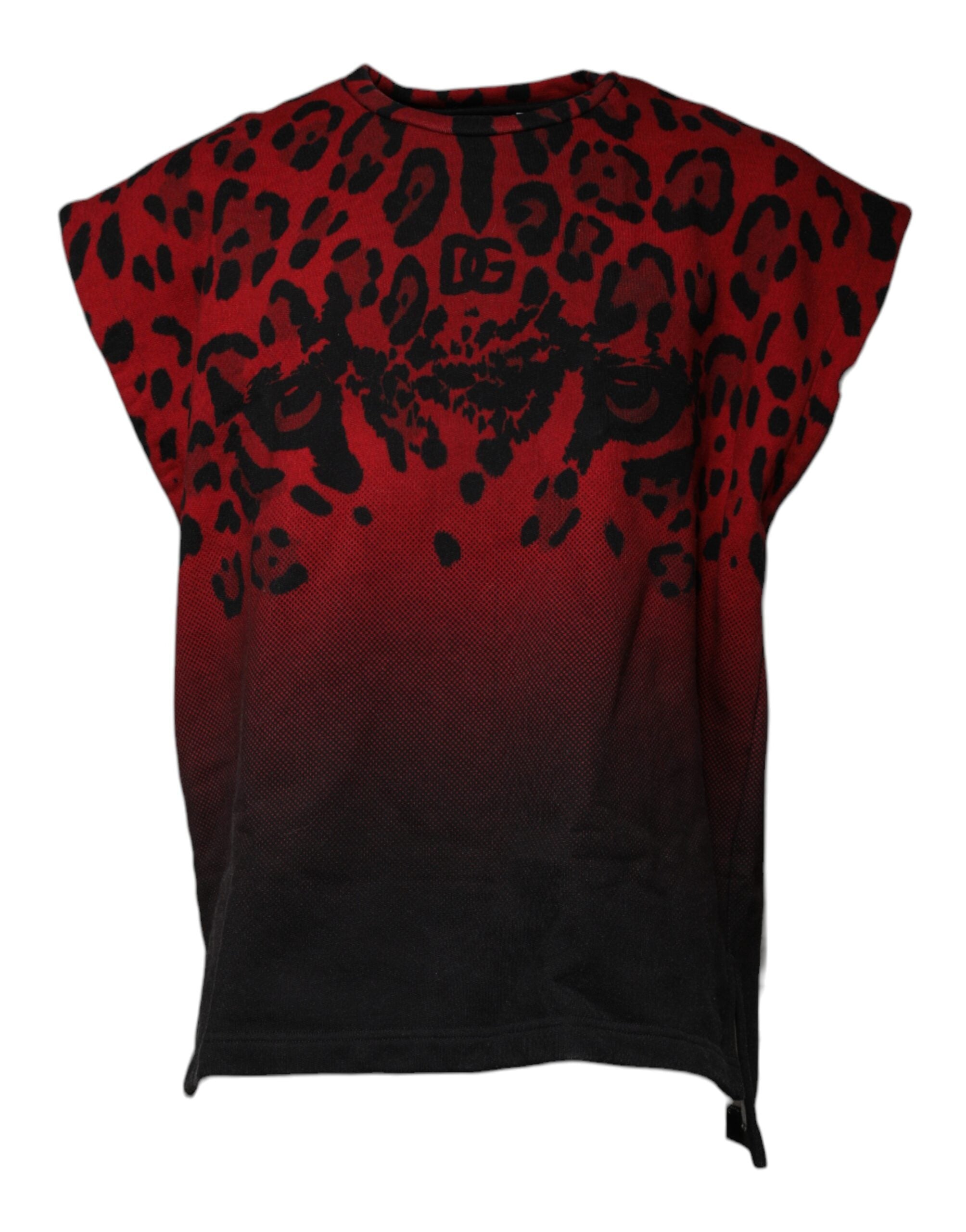 Red Leopard Print Cotton Sleeveless T-shirt - ventzia