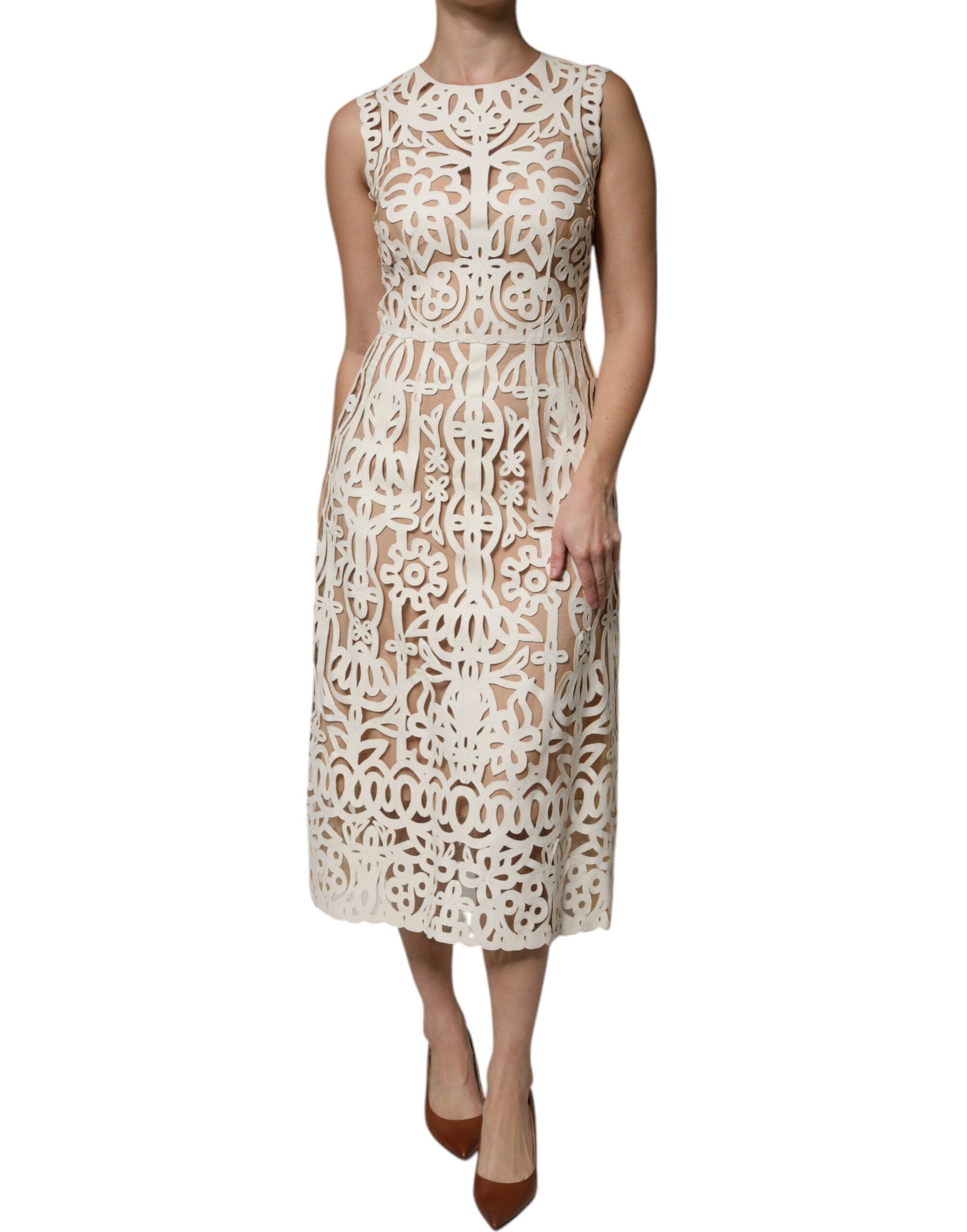 White Cut Out Leather Sleeveless Midi Dress - ventzia
