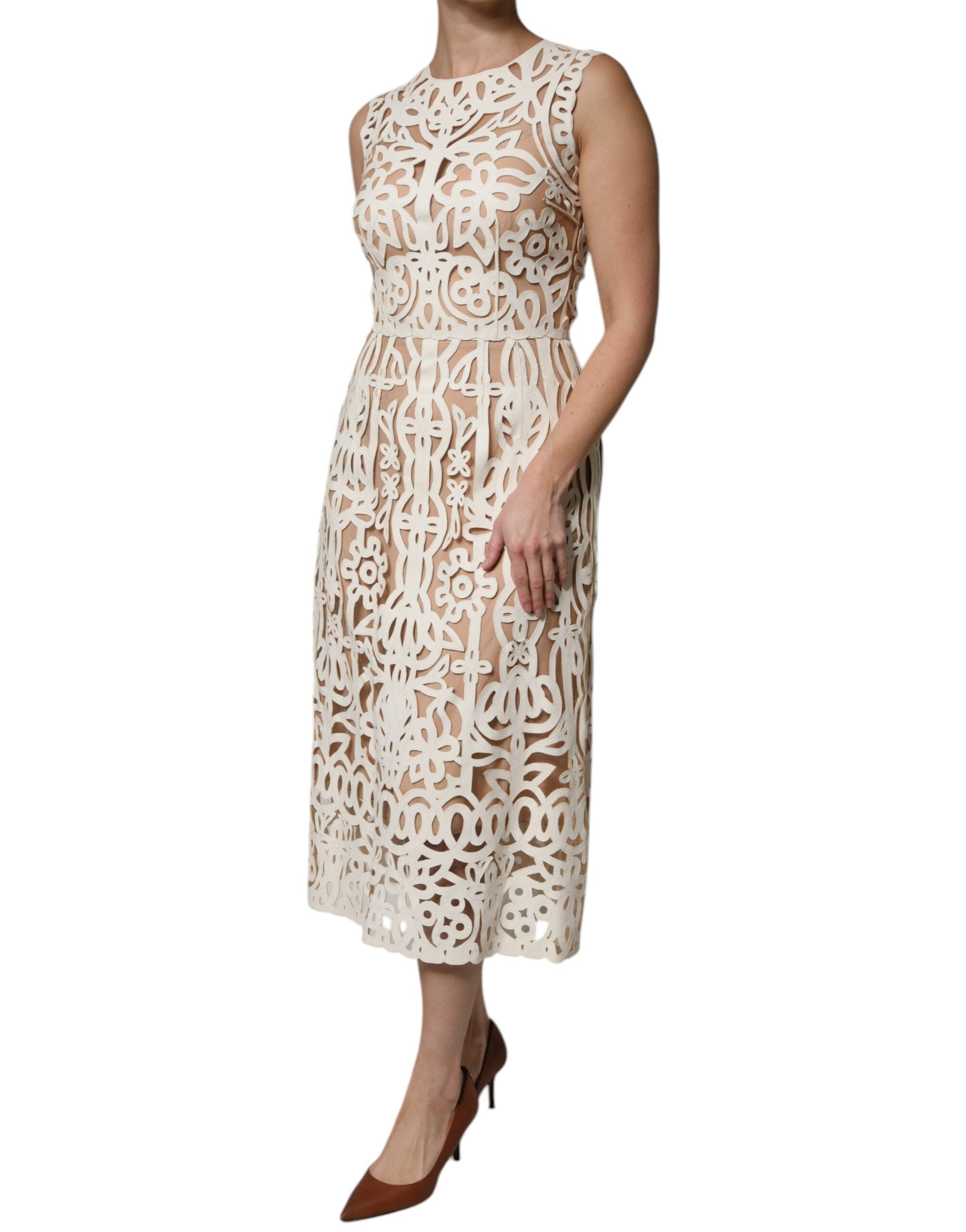 White Cut Out Leather Sleeveless Midi Dress - ventzia
