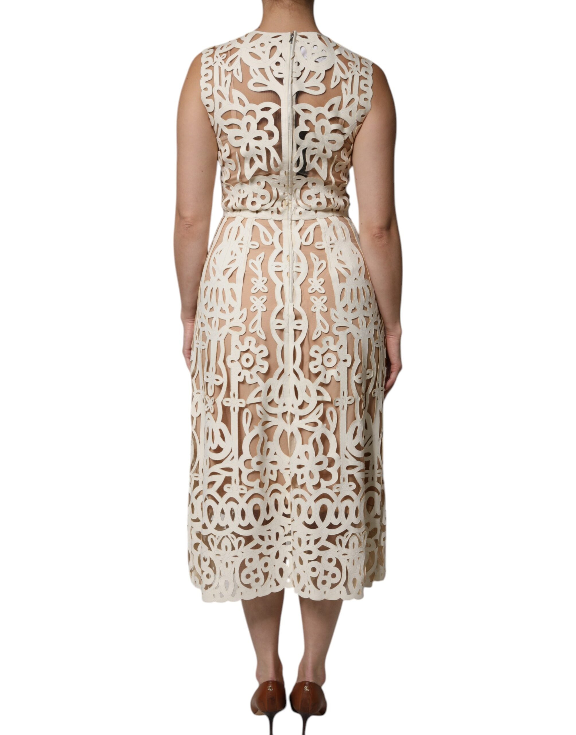 White Cut Out Leather Sleeveless Midi Dress - ventzia