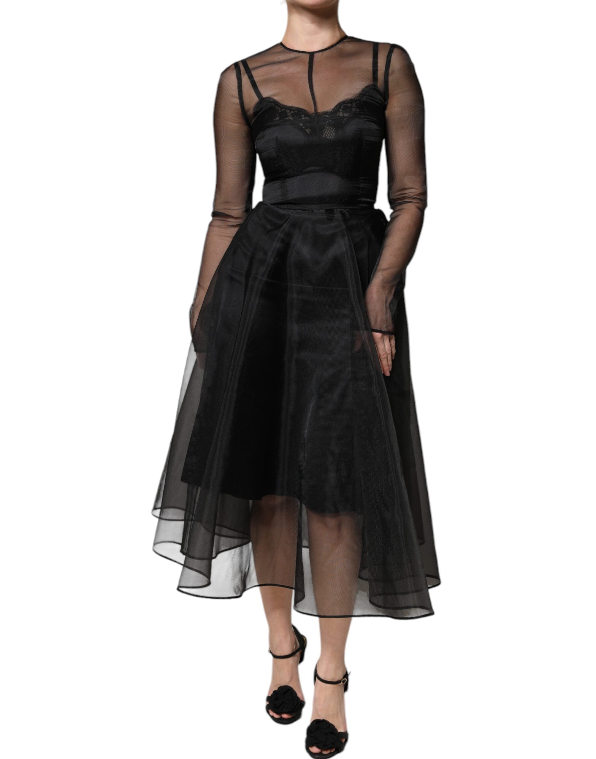 Black Tulle A-line Midi Cocktail Gown Dress - ventzia
