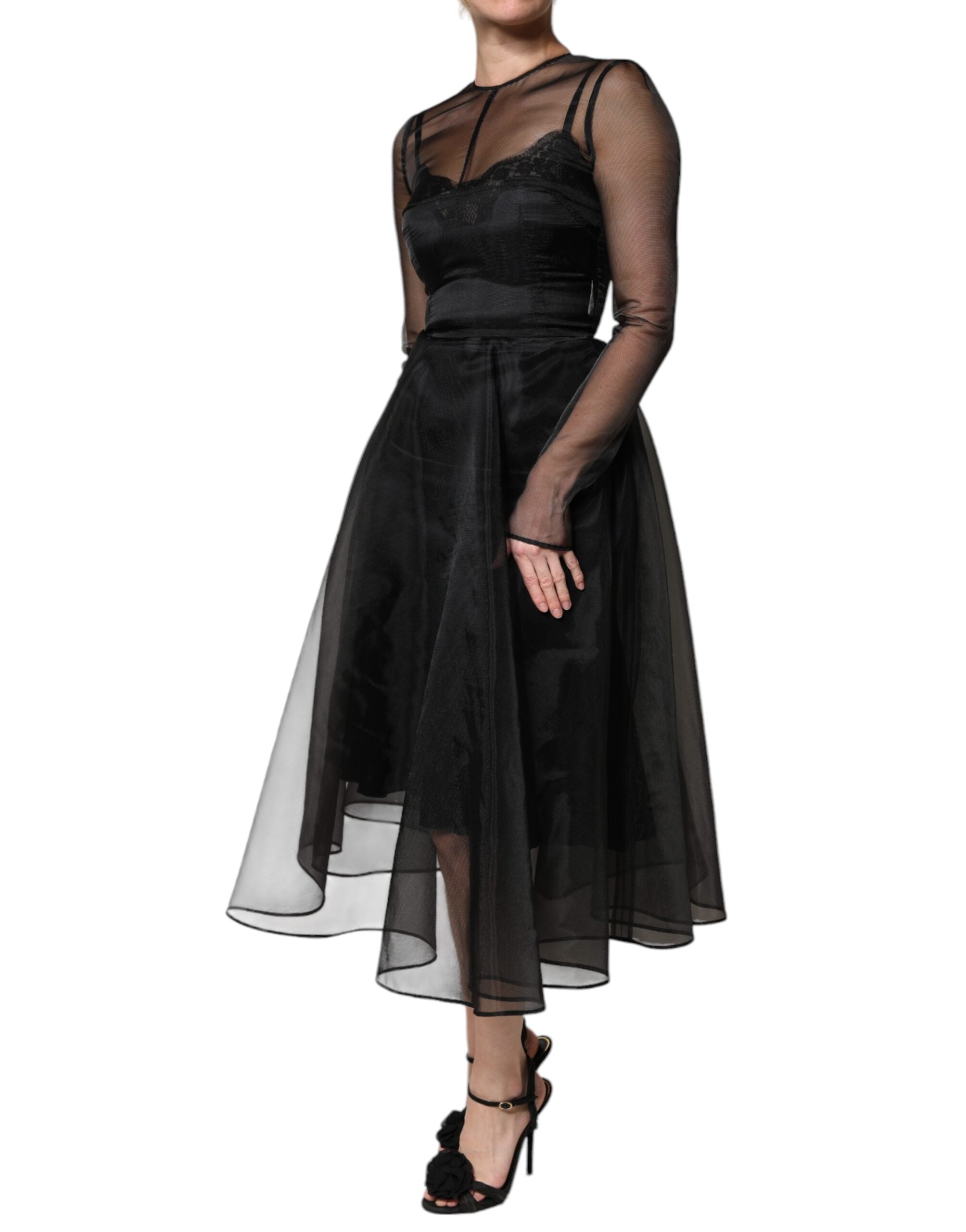 Black Tulle A-line Midi Cocktail Gown Dress - ventzia
