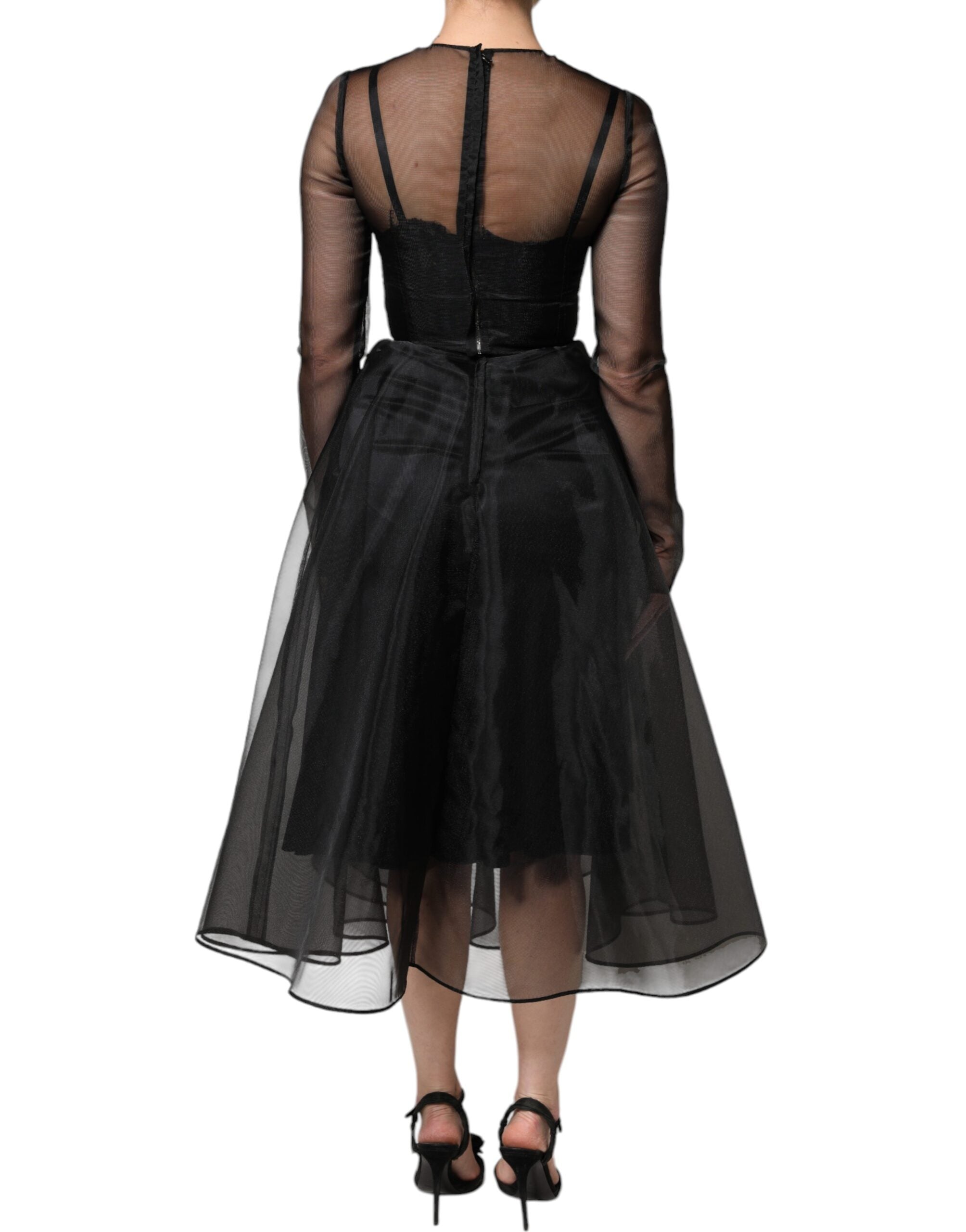 Black Tulle A-line Midi Cocktail Gown Dress - ventzia