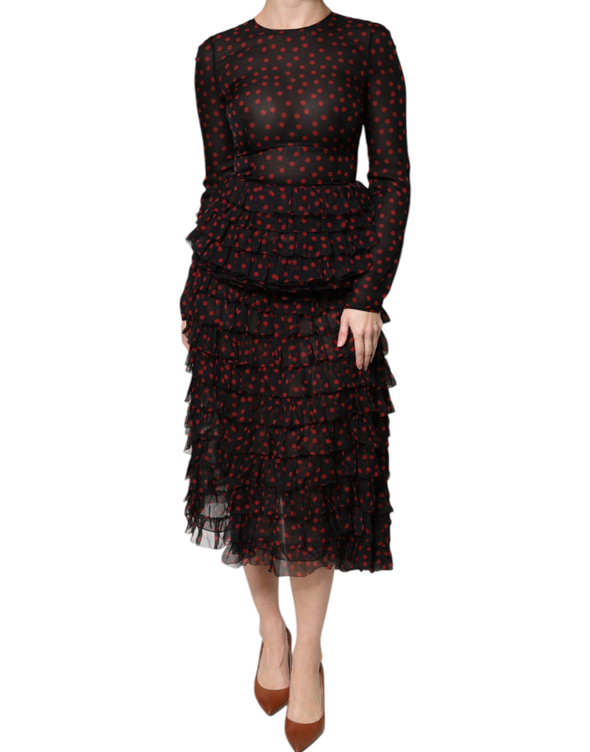 Black Red Polka Dot Silk Layered Midi Dress - ventzia