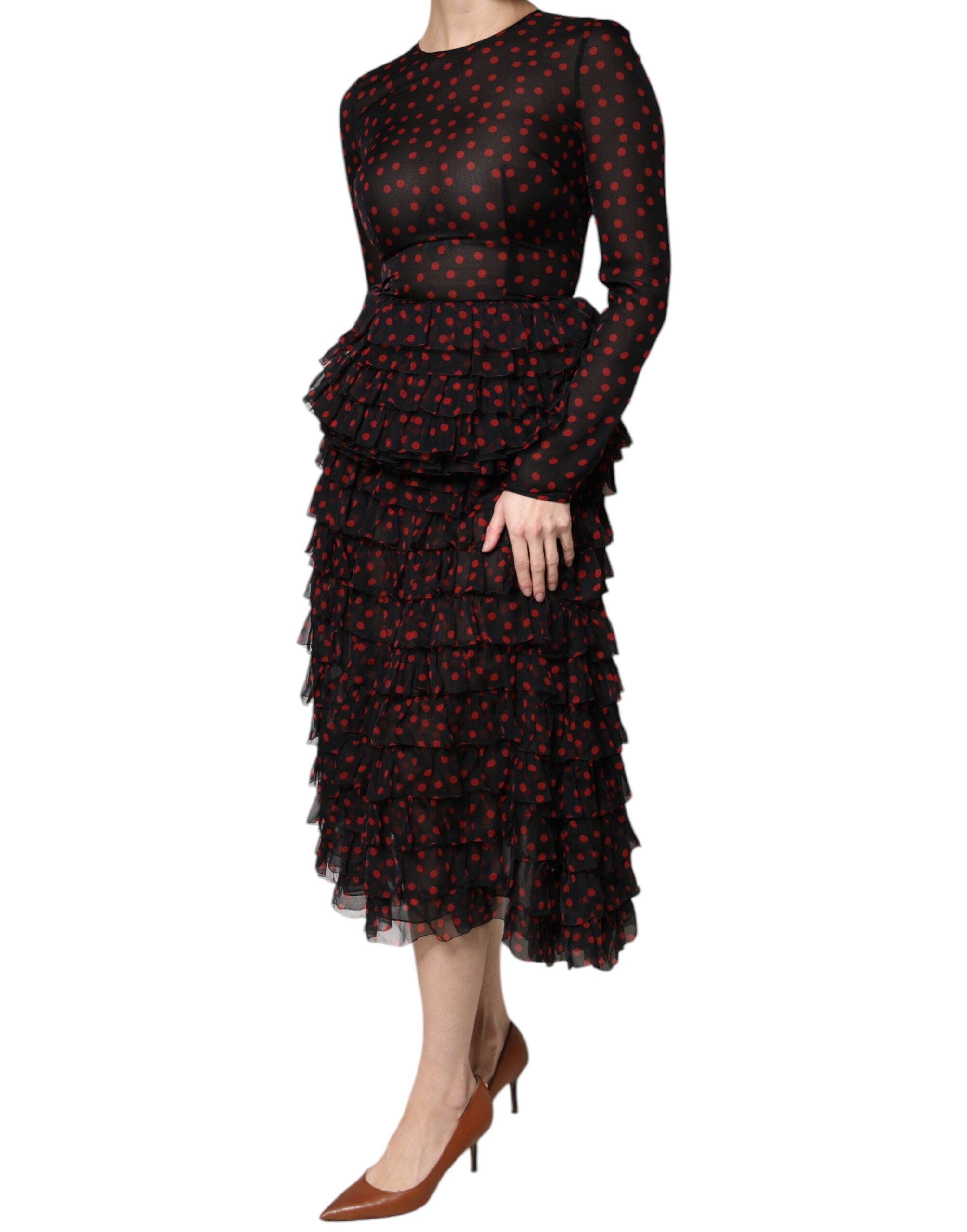 Black Red Polka Dot Silk Layered Midi Dress - ventzia