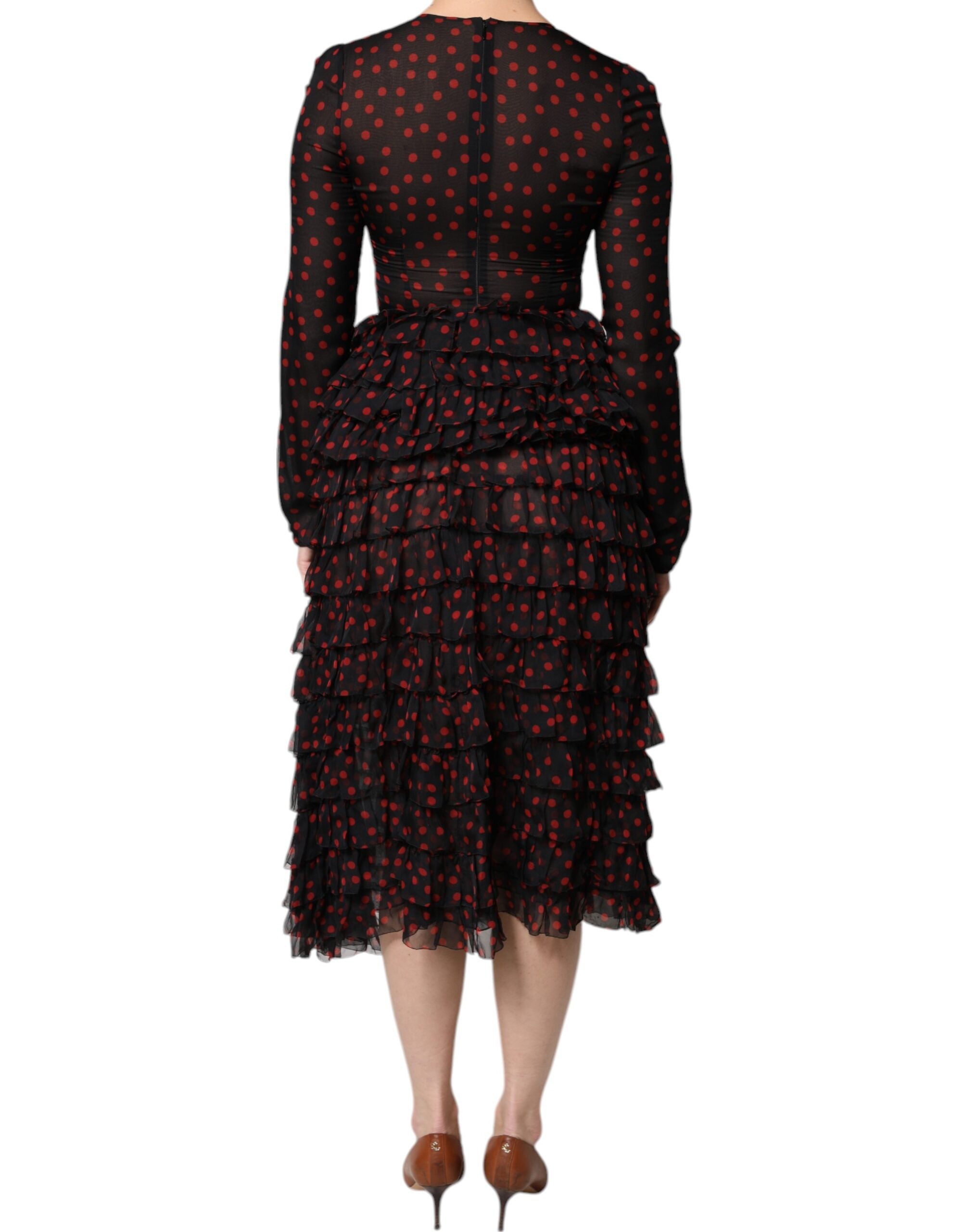Black Red Polka Dot Silk Layered Midi Dress - ventzia