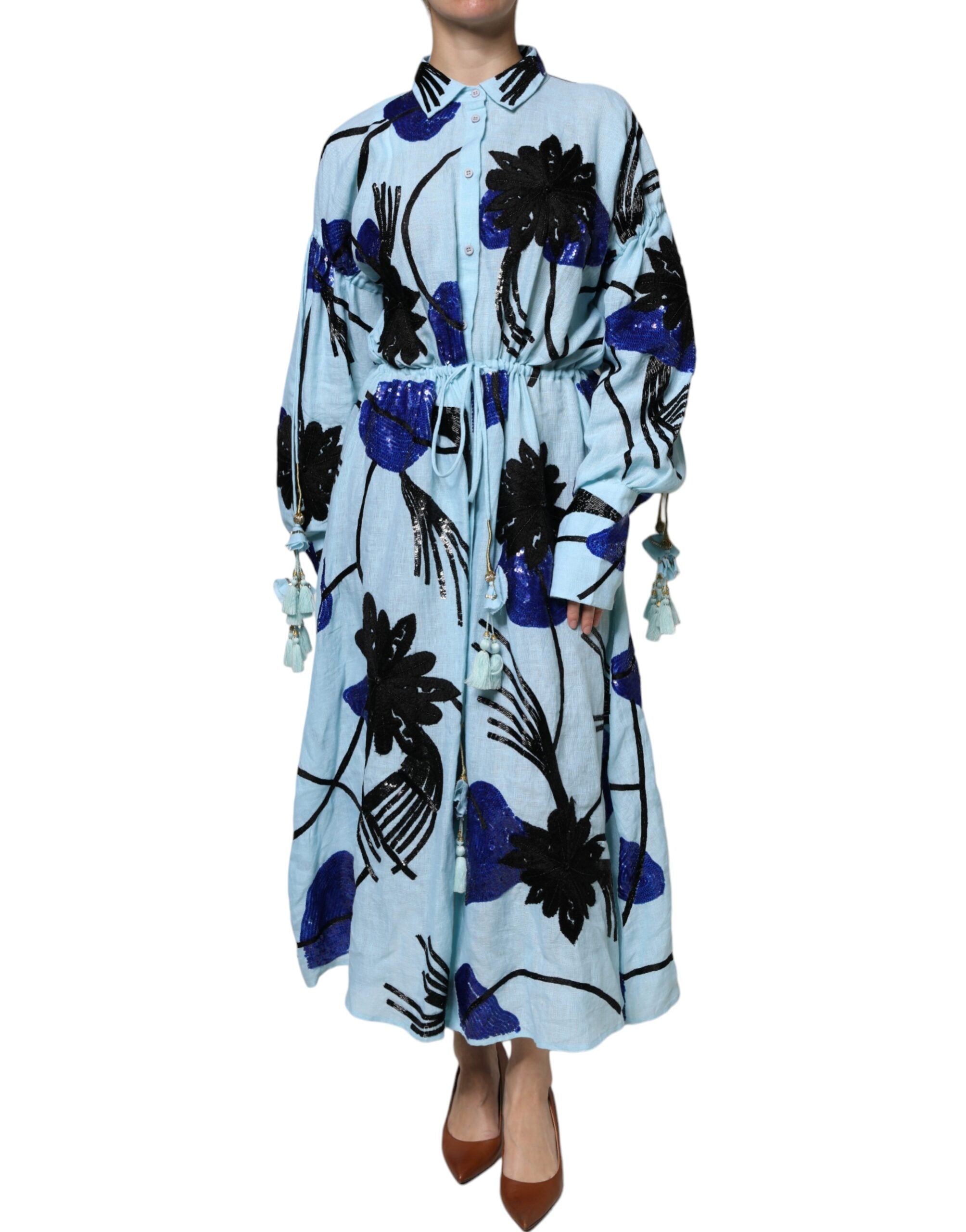 Light Blue Floral Embellished Shirt Maxi Dress - ventzia