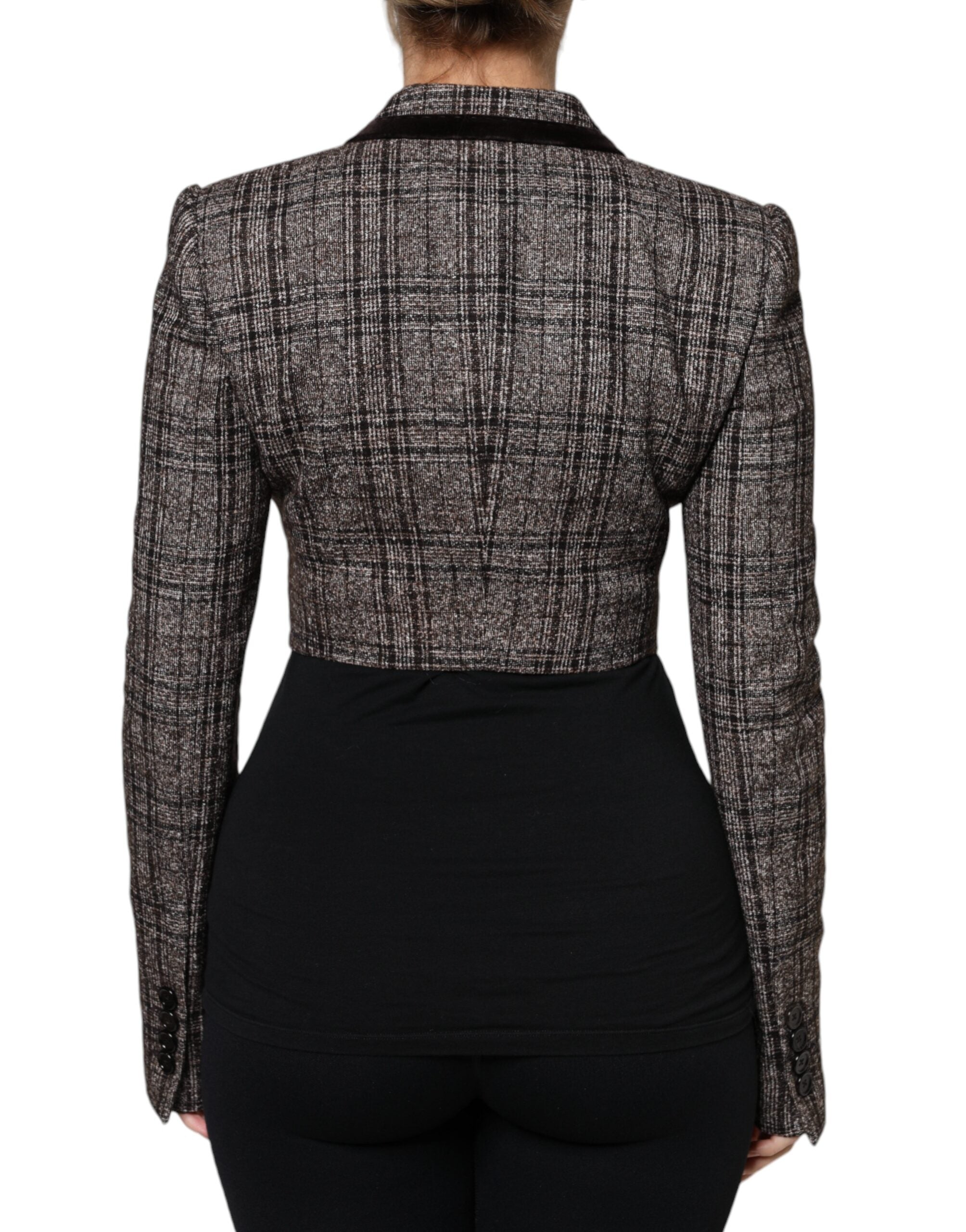 Brown Plaid Long Sleeve Cropped Coat Jacket - ventzia