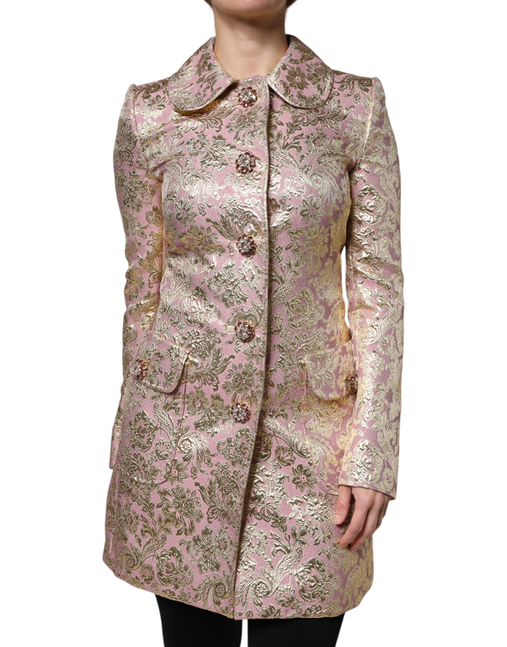 Metallic Pink Gold Jacquard Jewel Button Coat Jacket - ventzia