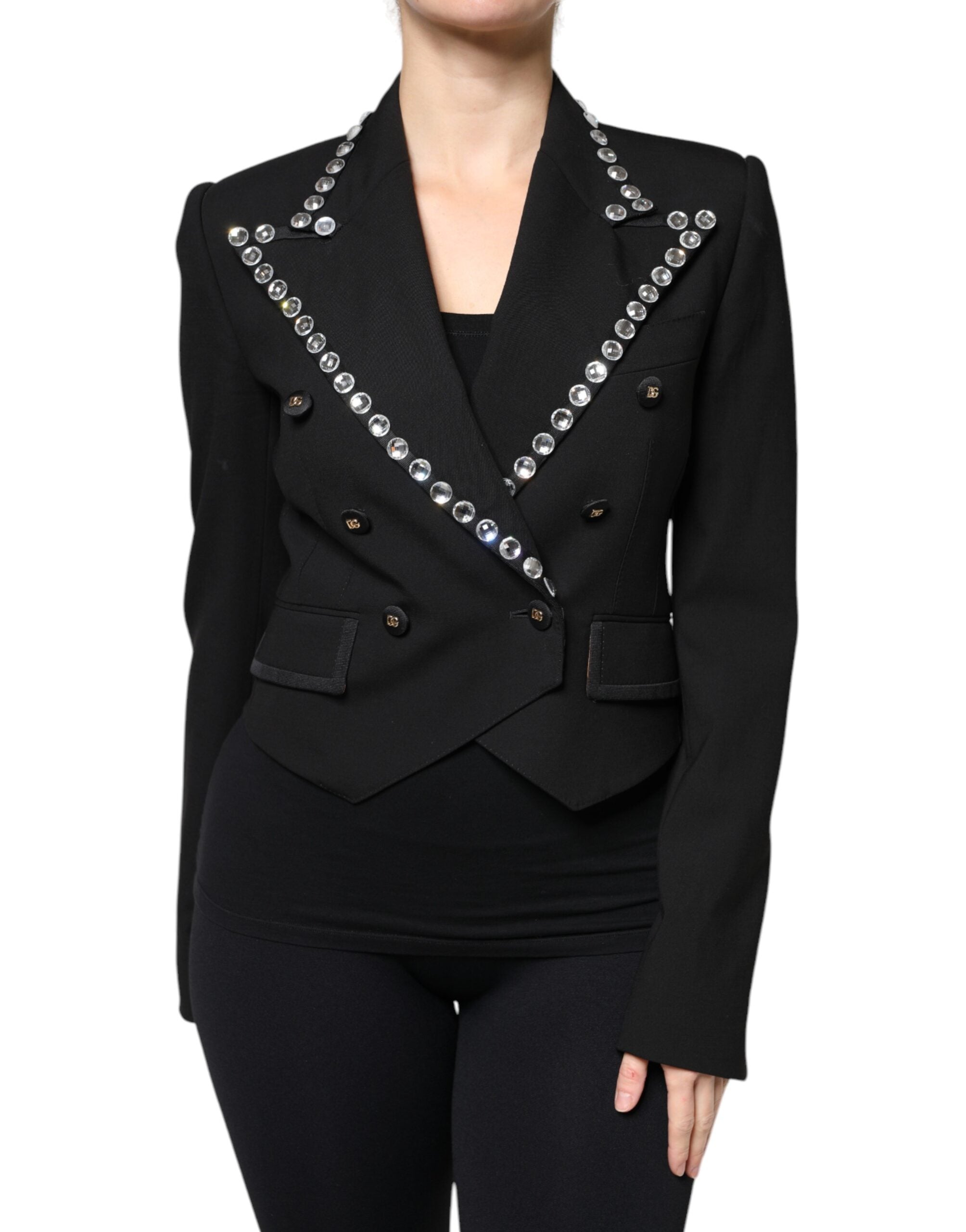 Black Crystal Double Breasted Blazer Jacket - ventzia