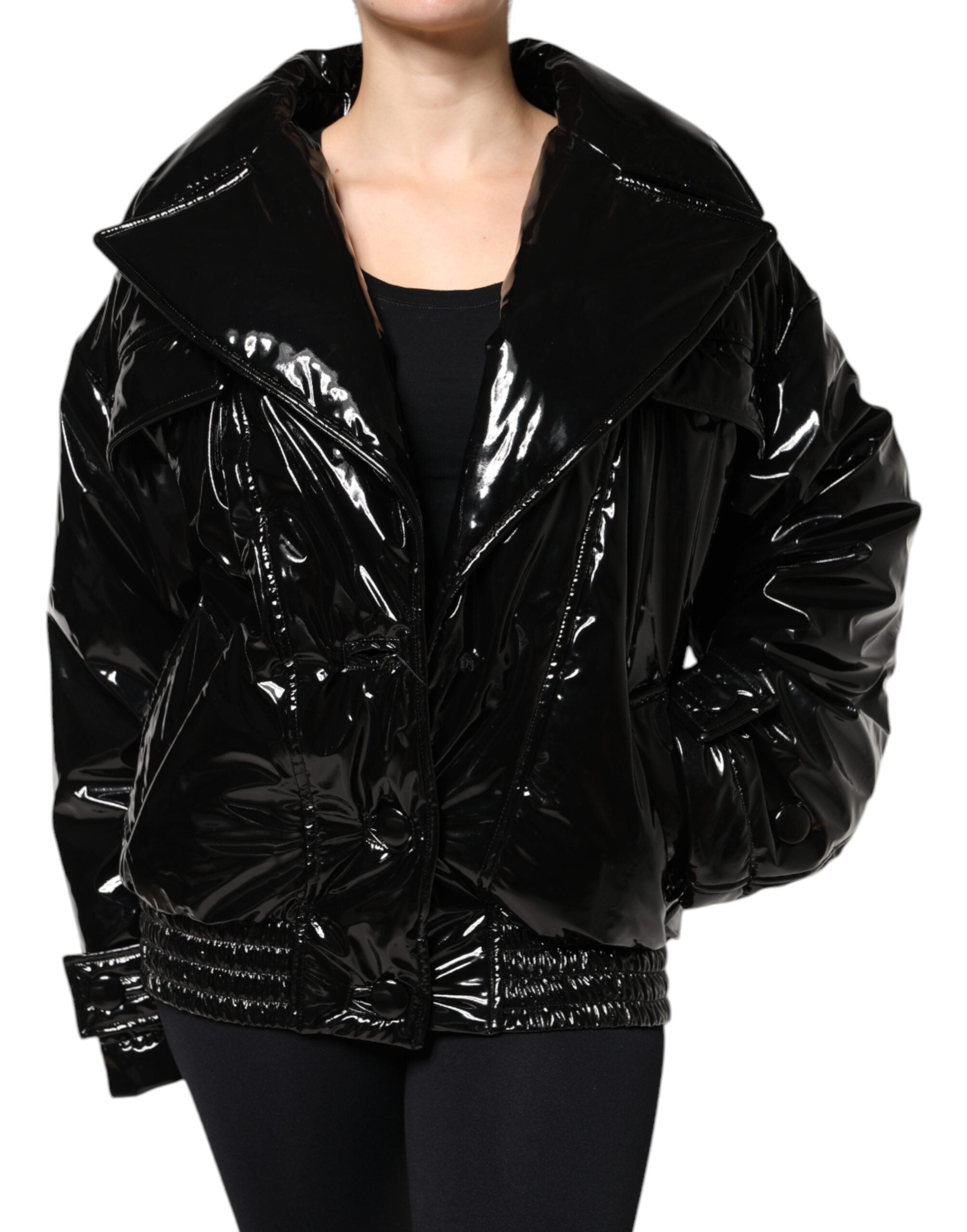 Black Polyester Button Down Blouson Jacket - ventzia