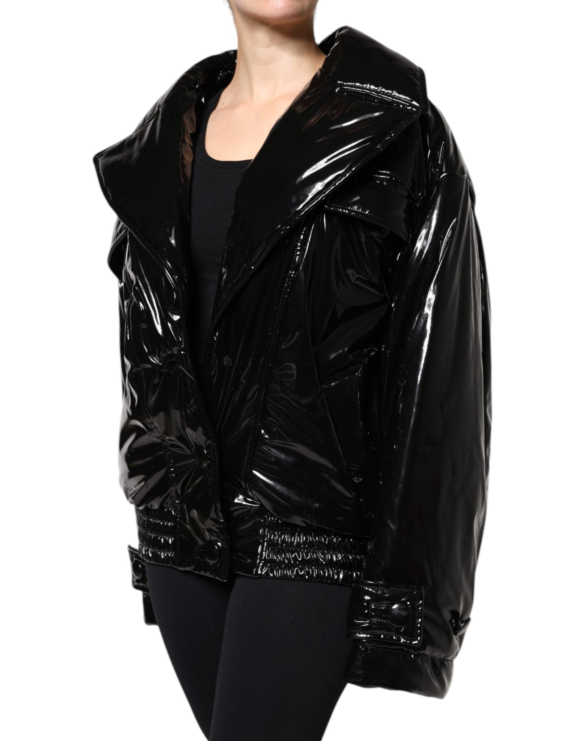Black Polyester Button Down Blouson Jacket - ventzia
