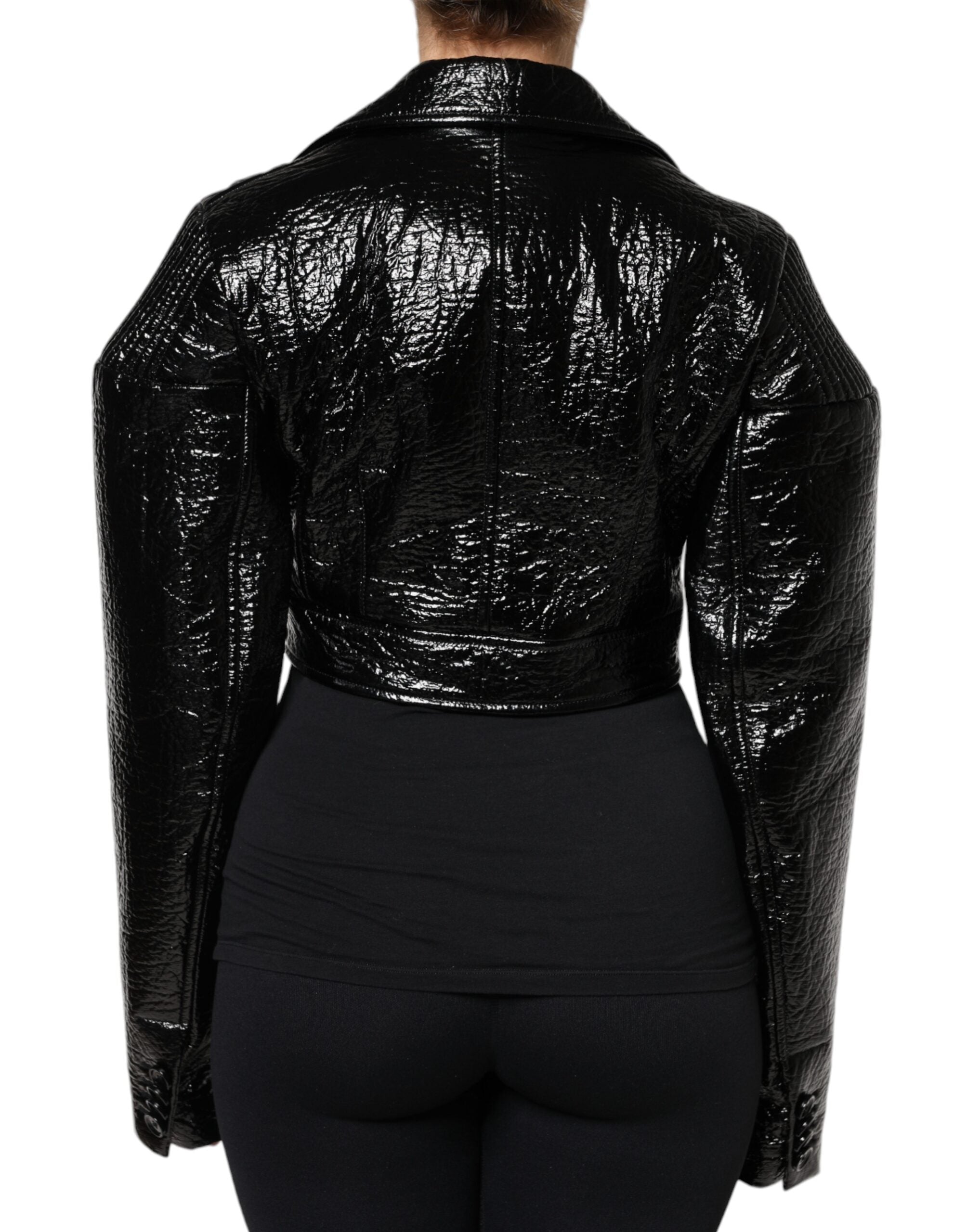 Black Leather Cropped Long Sleeve Coat Jacket - ventzia